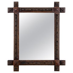 19th Century Tramp Art Rustic Wall Mirror, Handcarved, Austria ca. 1880