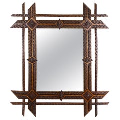 19th Century Tramp Art Wall Mirror, Basswood Handcarved, Austria ca. 1870