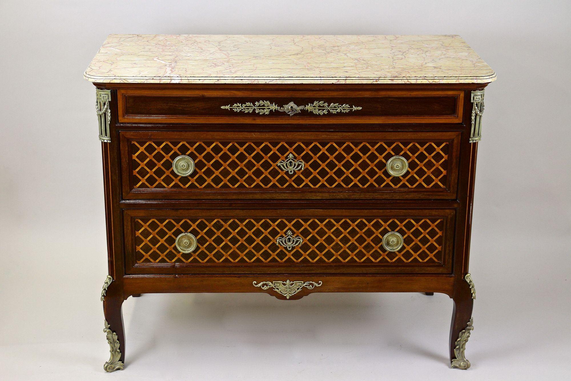 Neoclassical 19th Century Transitional Marquetry Chest Of Drawers, Mahogany, FR circa 1870 For Sale