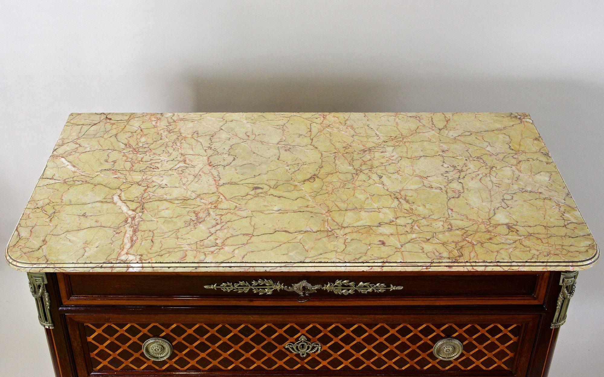French 19th Century Transitional Marquetry Chest Of Drawers, Mahogany, FR circa 1870 For Sale