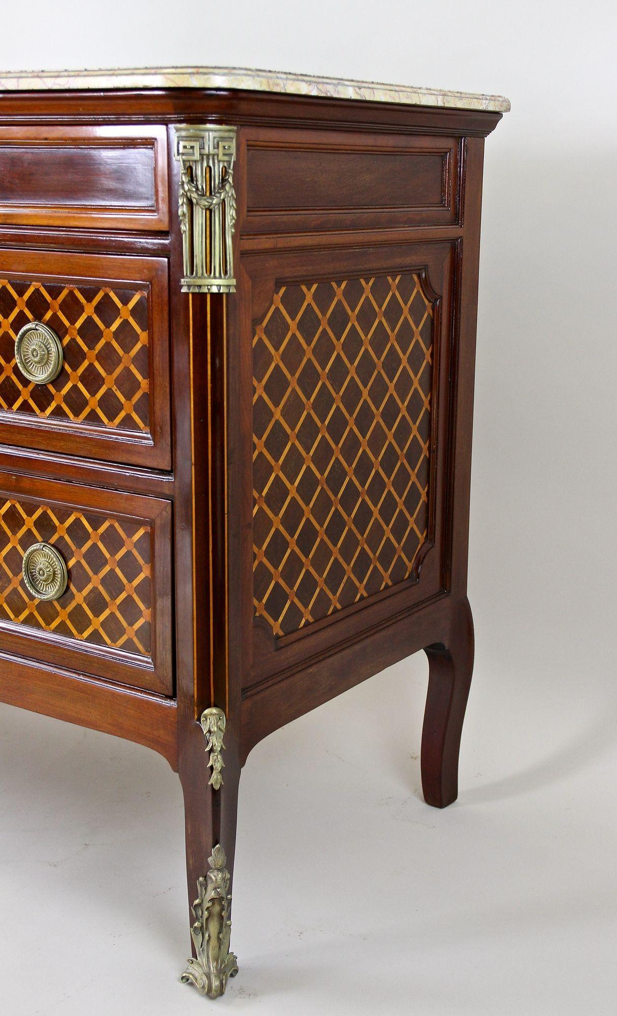 Brass 19th Century Transitional Marquetry Chest Of Drawers, Mahogany, FR circa 1870 For Sale