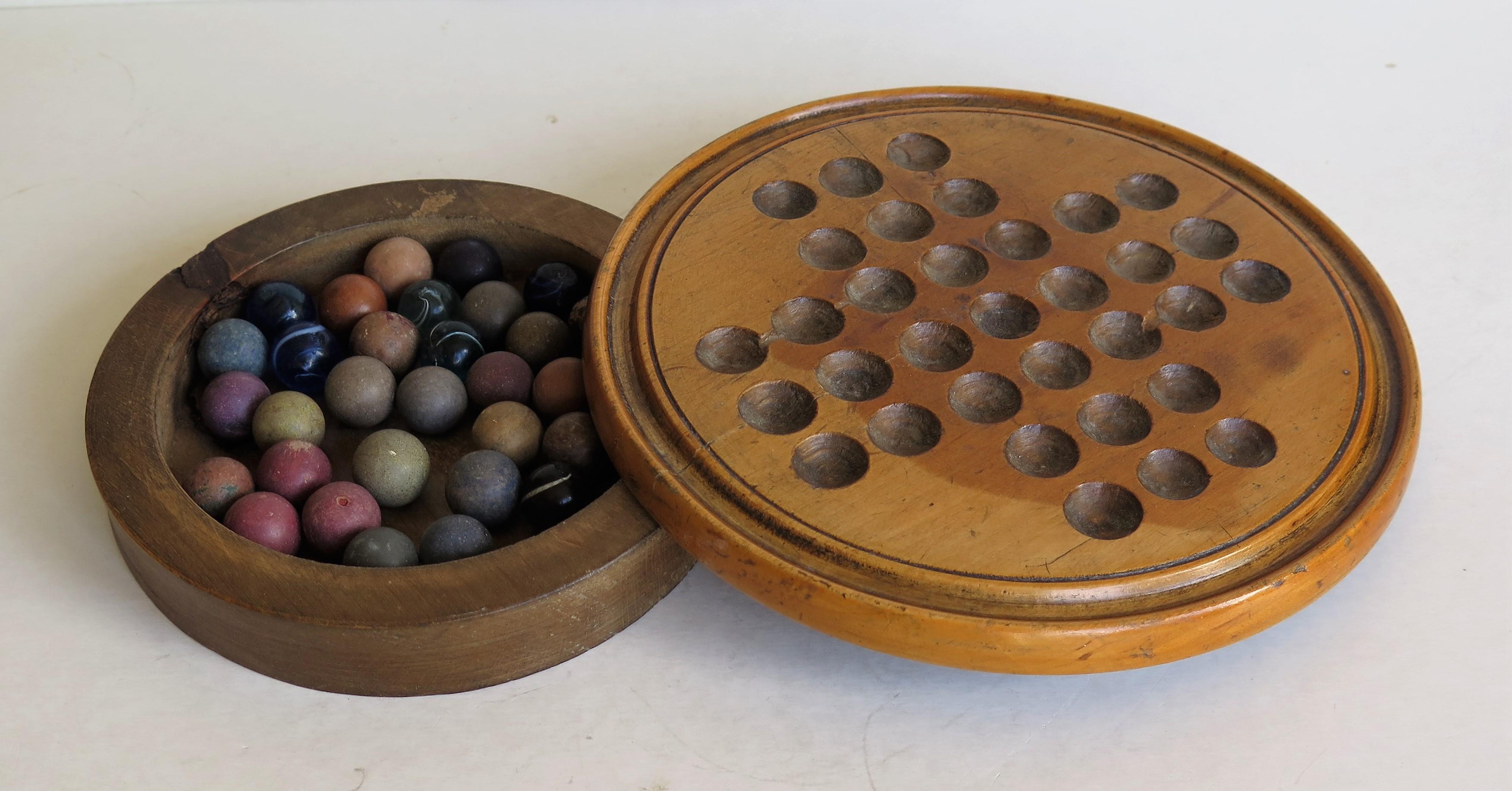 19th Century Travelling Marble Solitaire Board Game, with 32 Handmade Marbles 5