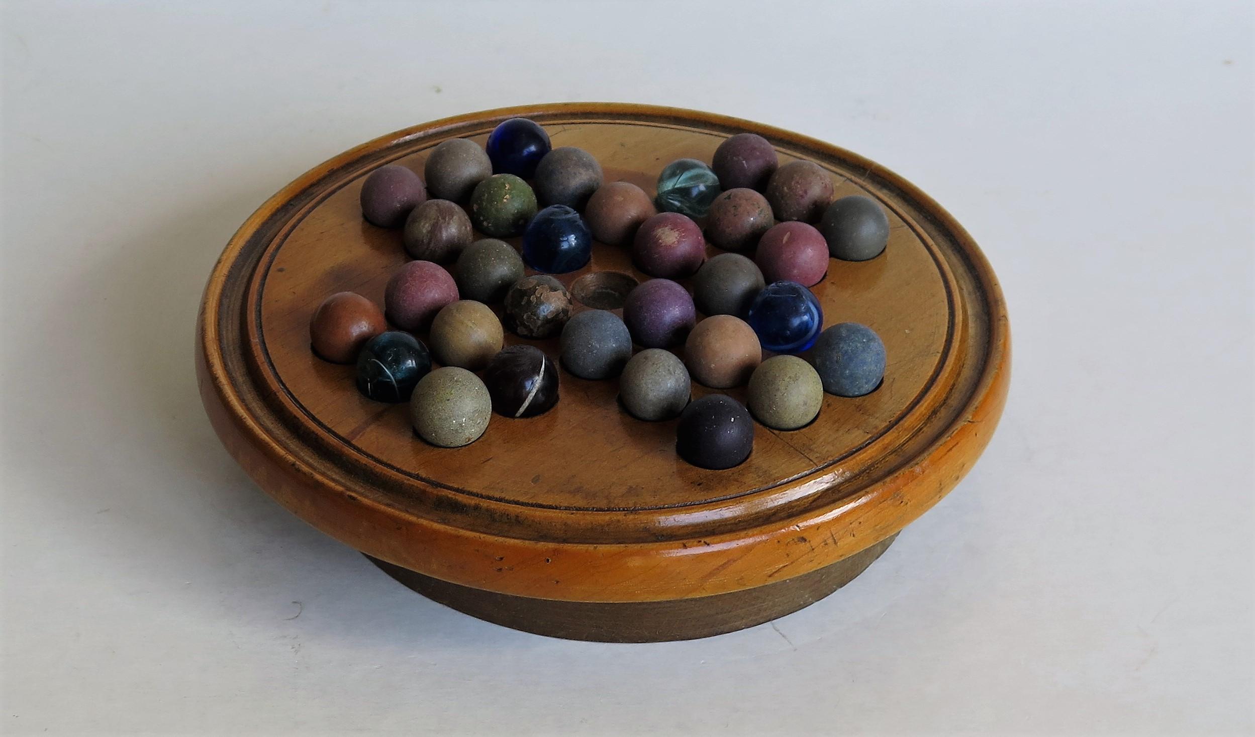 Victorian 19th Century Travelling Marble Solitaire Board Game, with 32 Handmade Marbles
