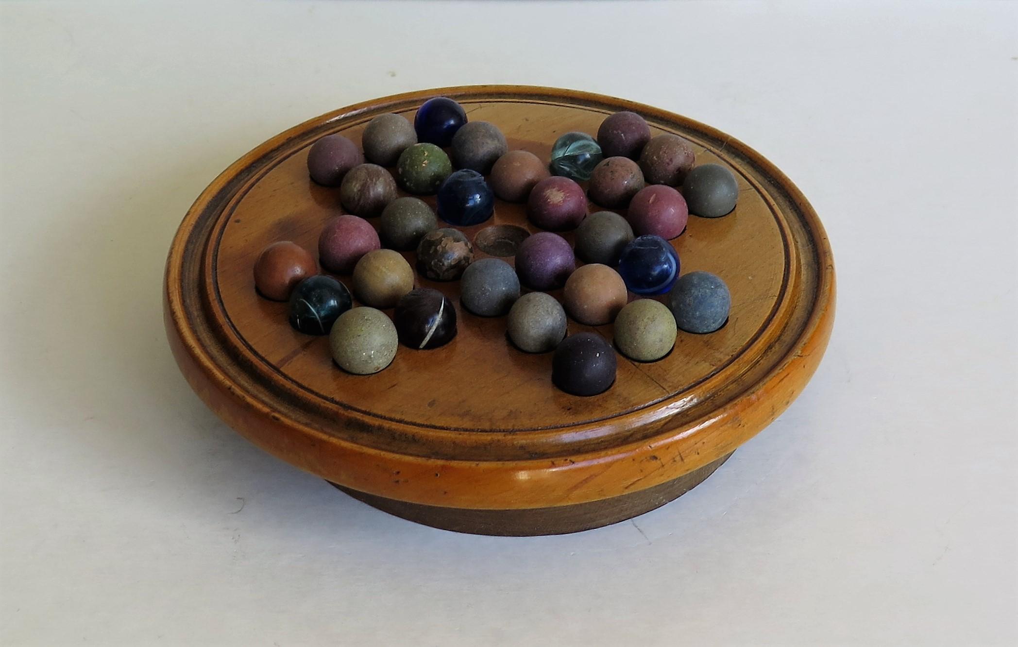 English 19th Century Travelling Marble Solitaire Board Game, with 32 Handmade Marbles