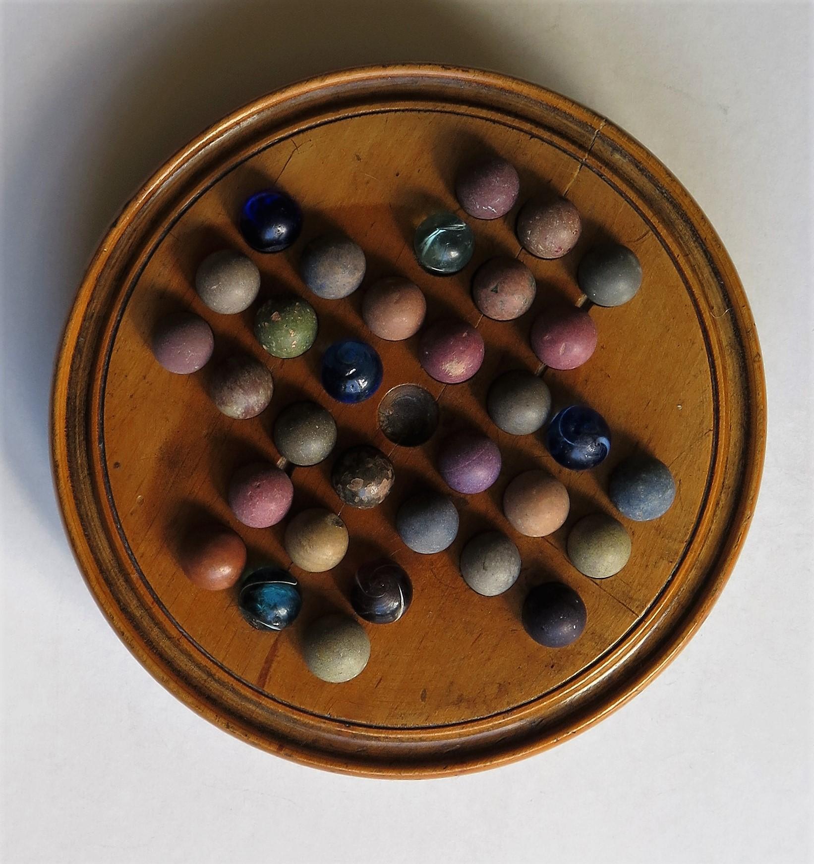 Stone 19th Century Travelling Marble Solitaire Board Game, with 32 Handmade Marbles