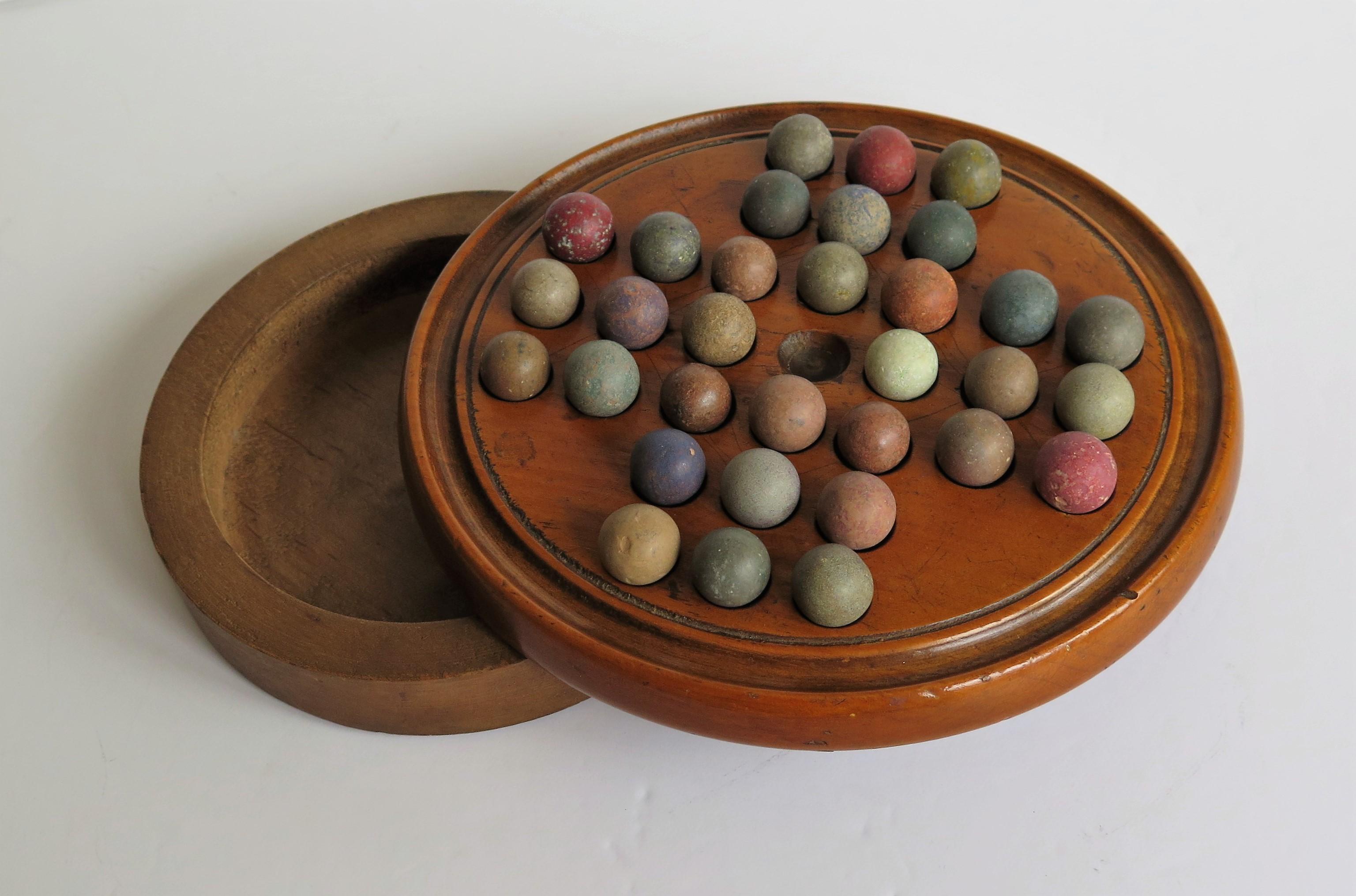 19th Century Travelling Marble Solitaire Game with 32 Handmade Clay Marbles 5