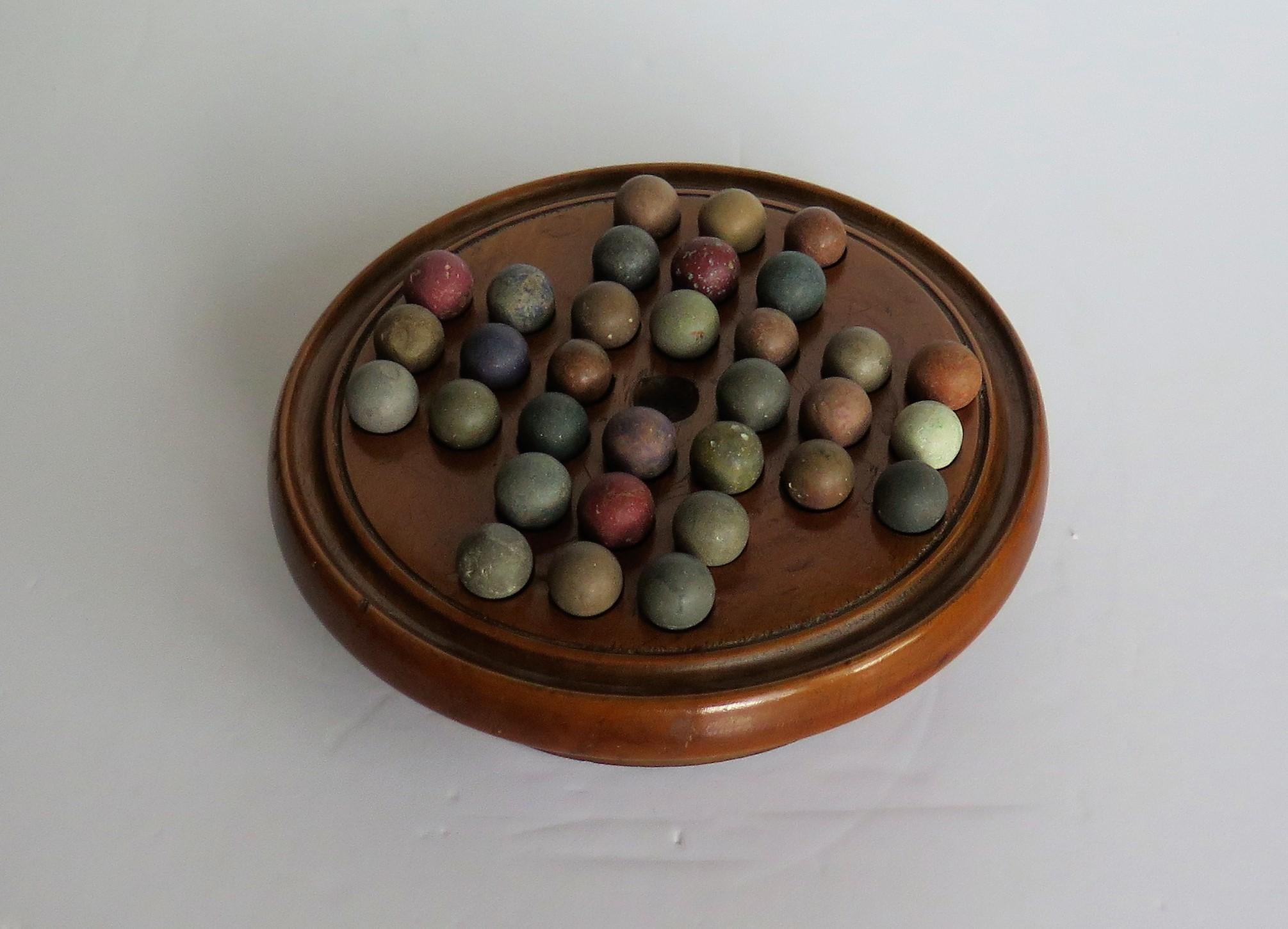 Victorian 19th Century Travelling Marble Solitaire Game with 32 Handmade Clay Marbles