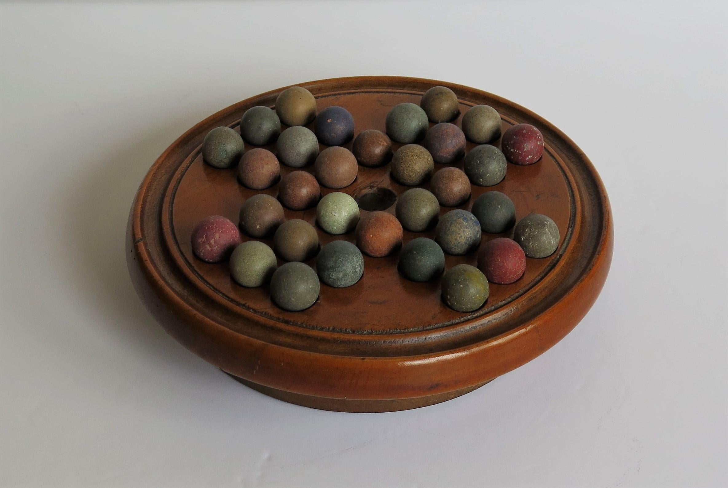 English 19th Century Travelling Marble Solitaire Game with 32 Handmade Clay Marbles