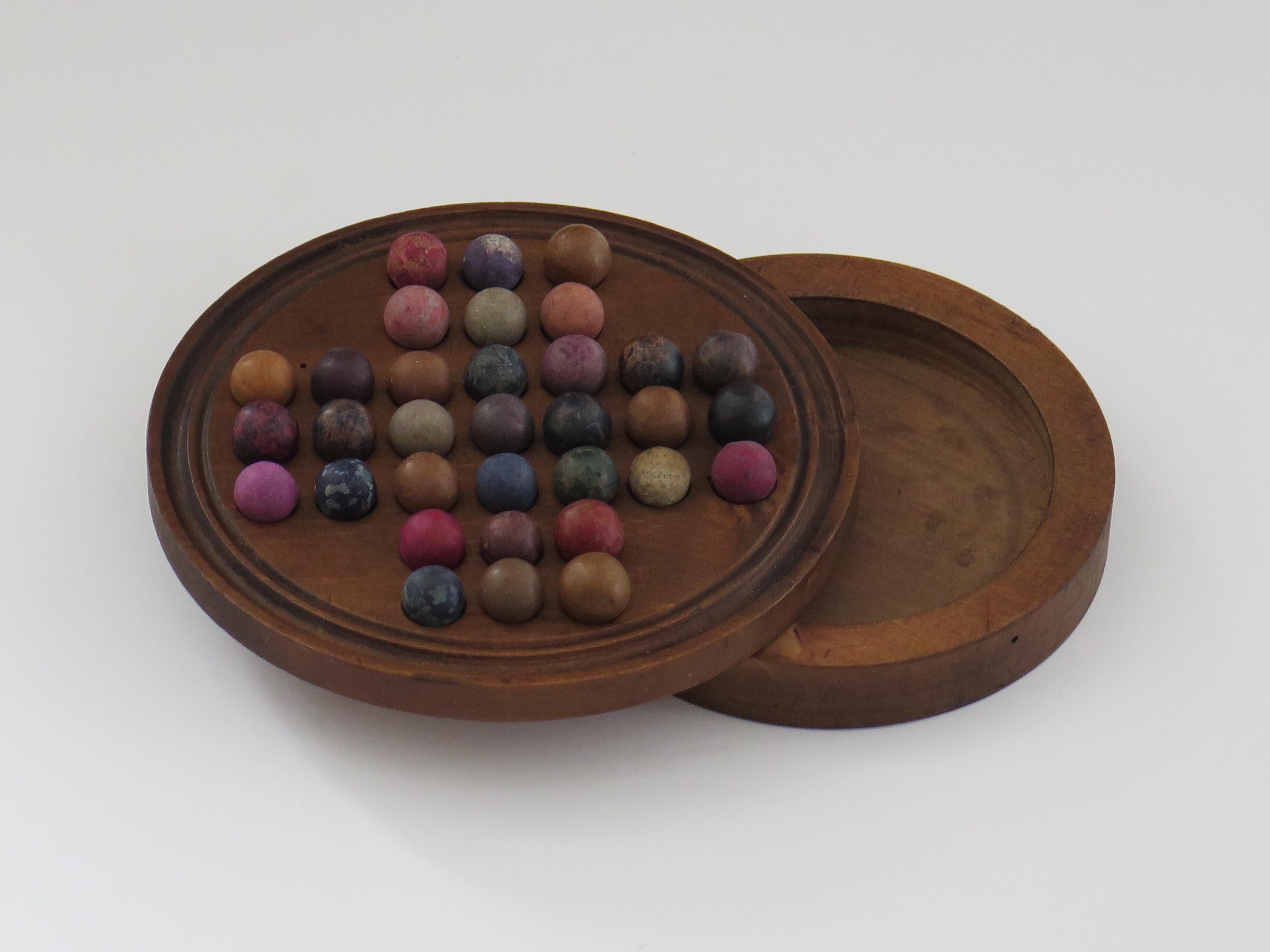 Stone 19th Century Travelling Marble Solitaire Game with 33 Handmade Clay Marbles