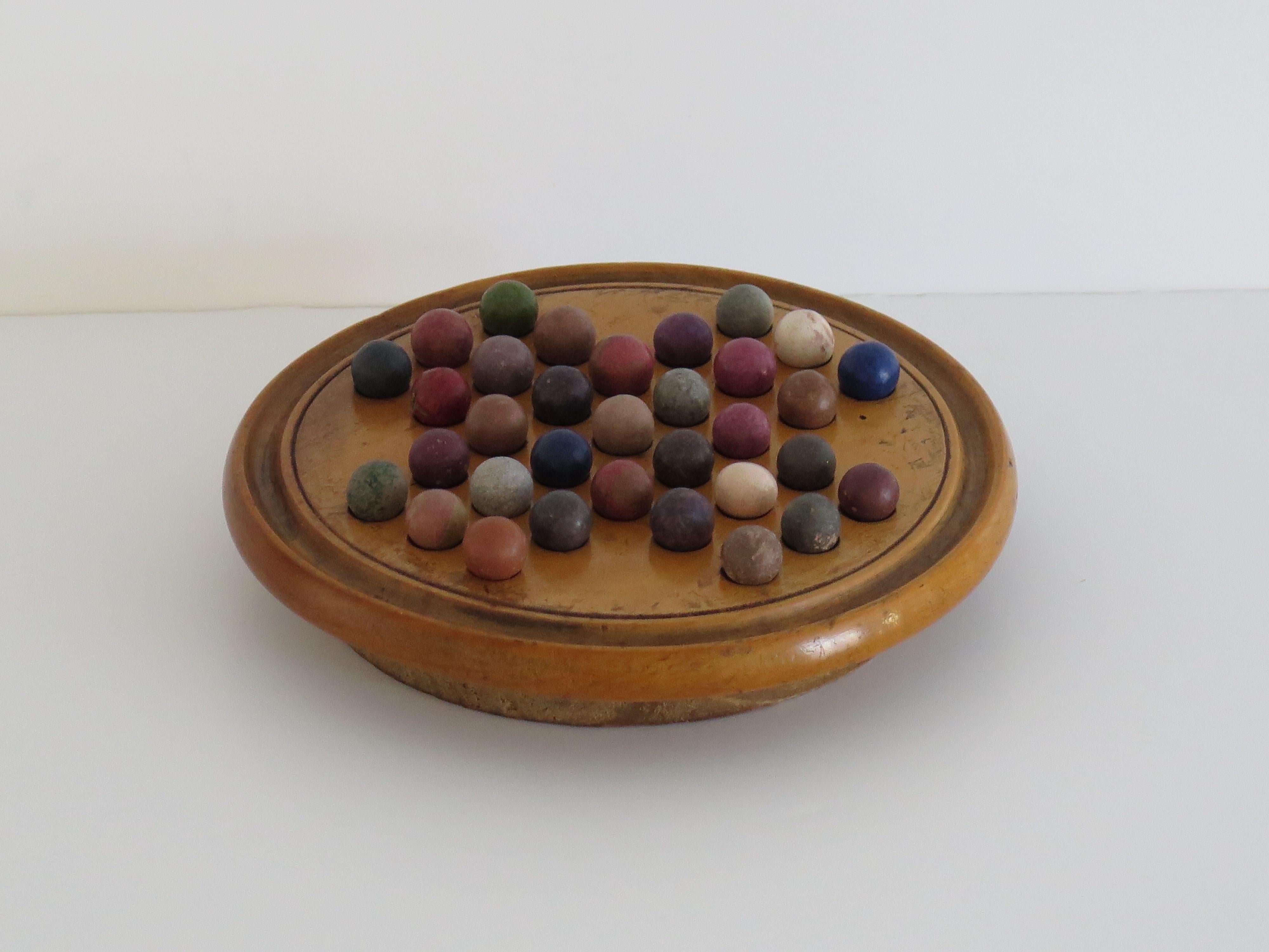 19th Century Travelling Marble Solitaire Game with 33 Handmade Clay Marbles 3