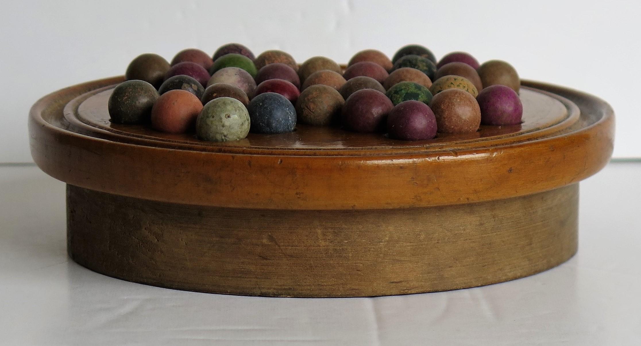 19th Century Travelling Marble Solitaire Game with 33 Handmade Clay Marbles 1