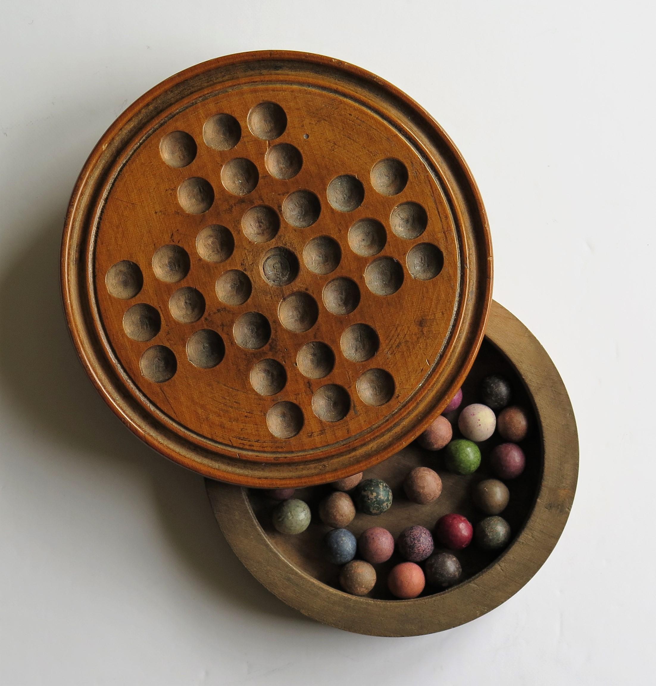 19th Century Travelling Marble Solitaire Game with 33 Handmade Clay Marbles 4