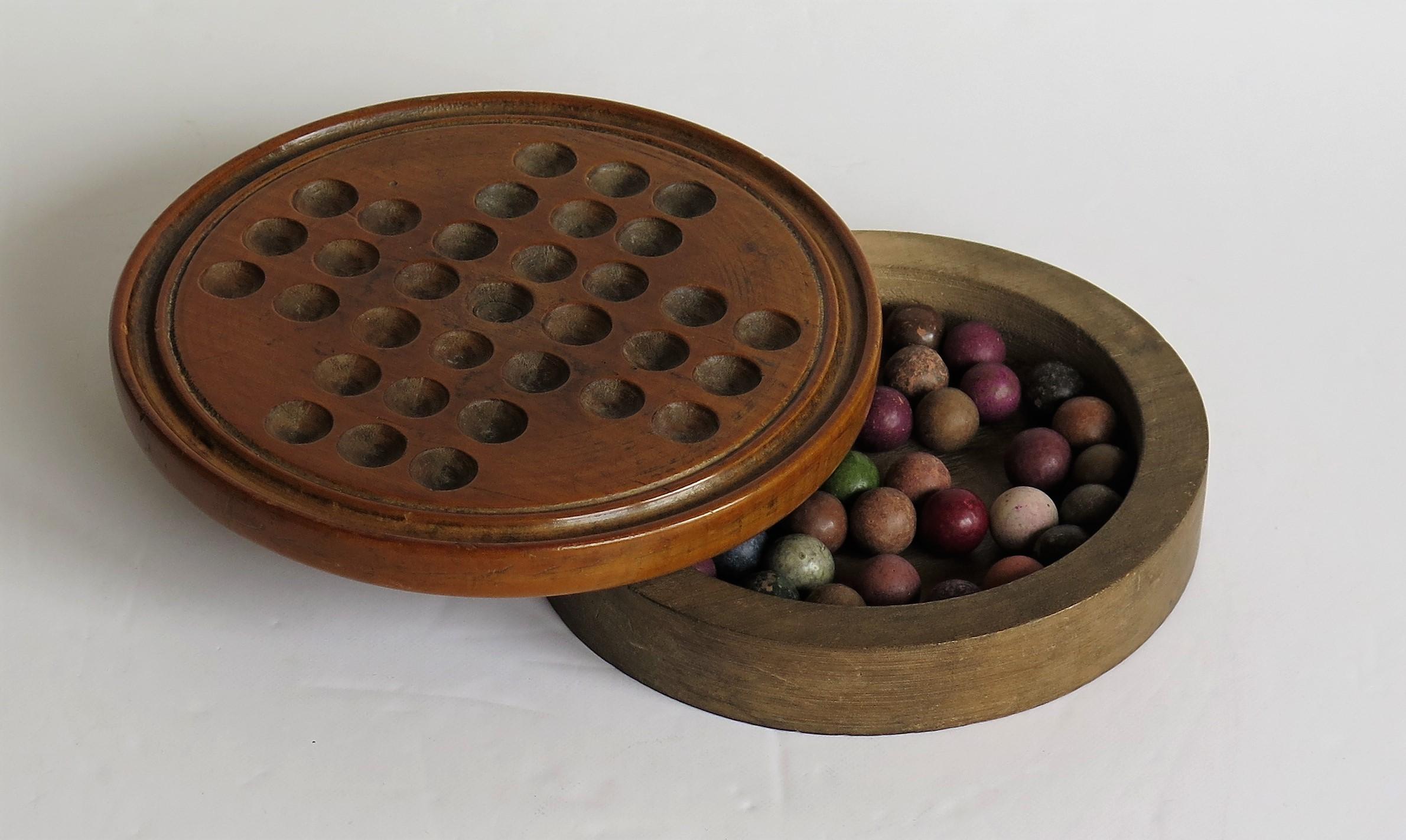 19th Century Travelling Marble Solitaire Game with 33 Handmade Clay Marbles 8