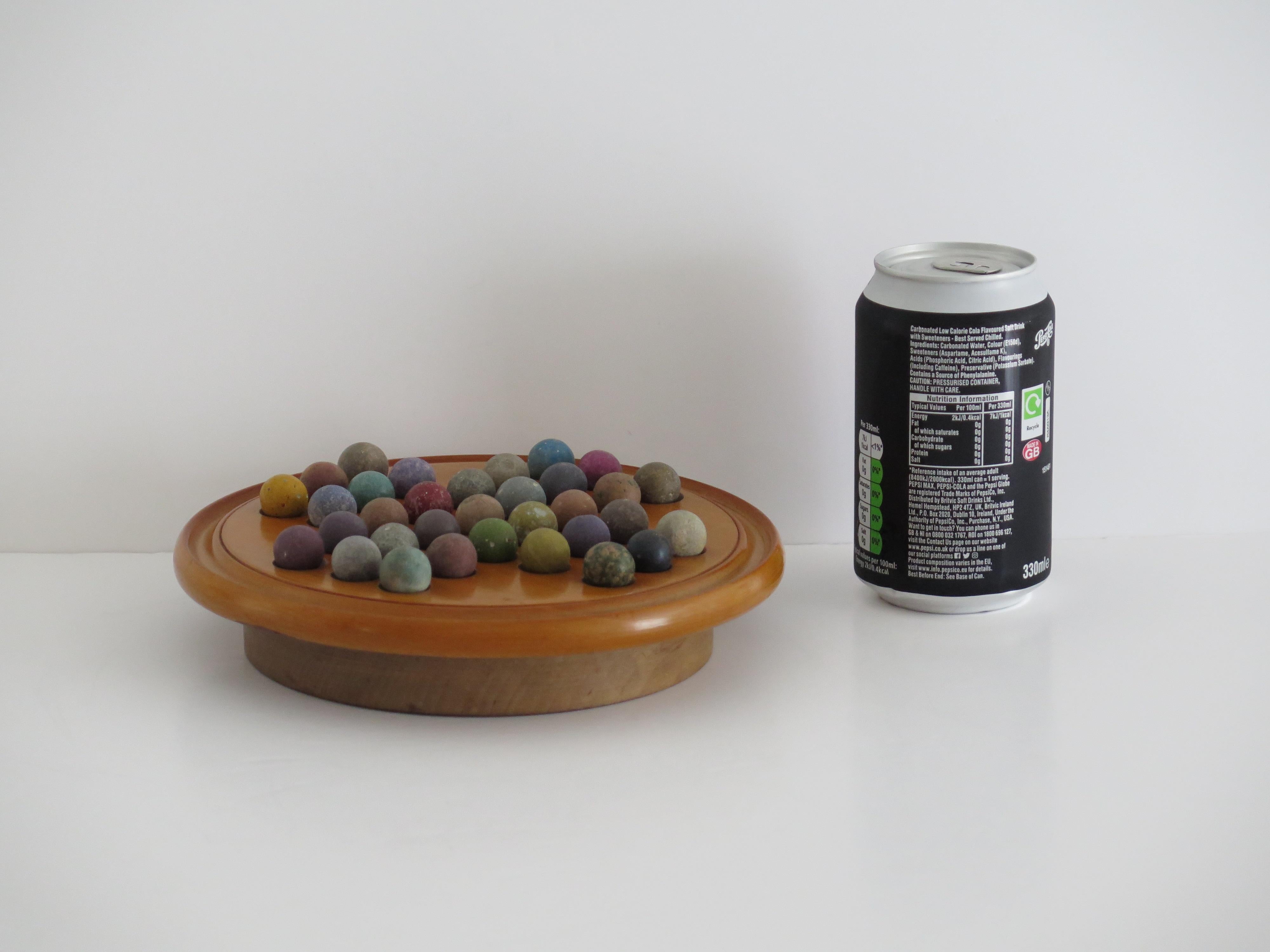19th Century Travelling Marble Solitaire Game with 33 Handmade Clay Marbles 9