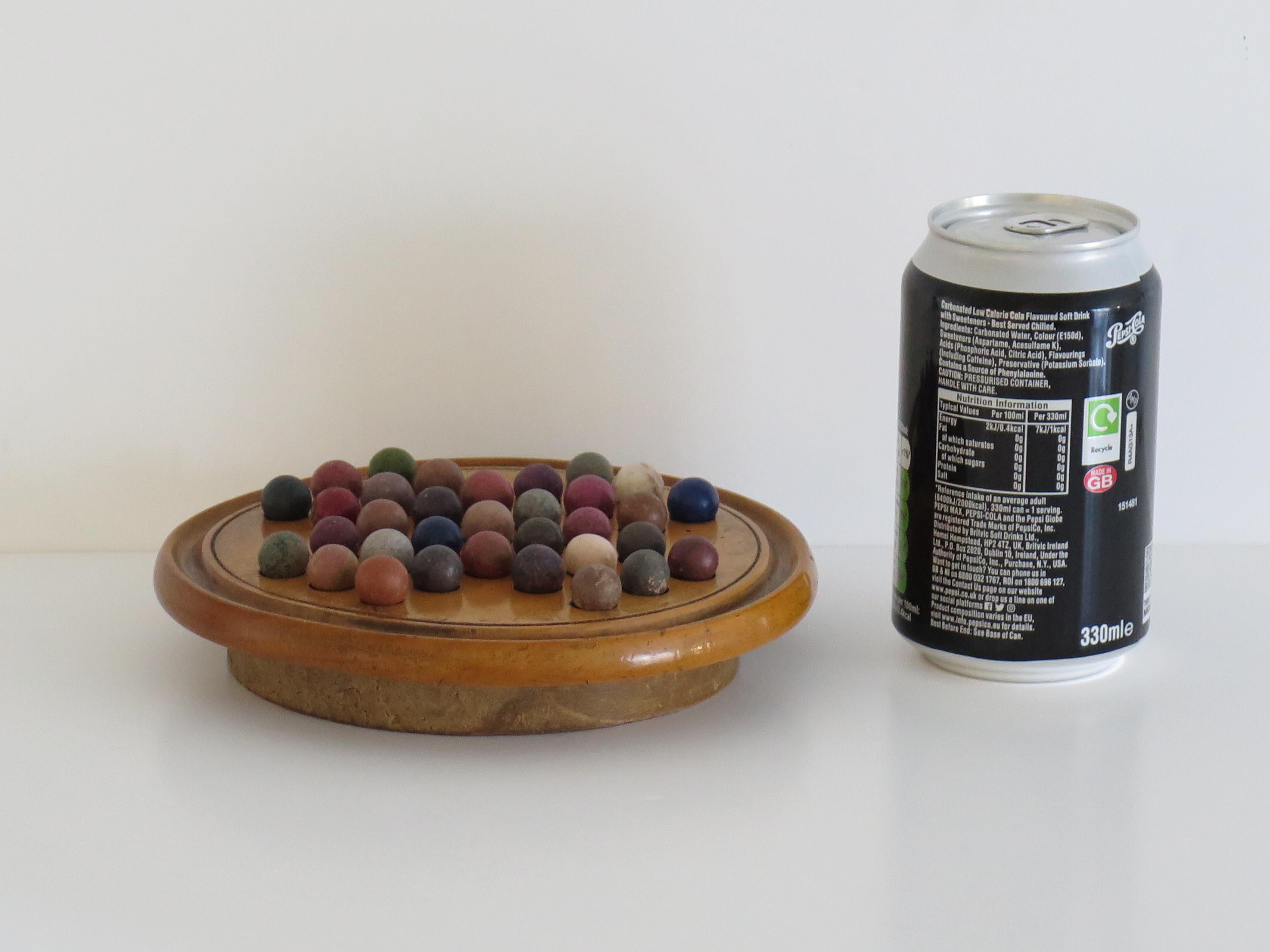 19th Century Travelling Marble Solitaire Game with 33 Handmade Clay Marbles 11