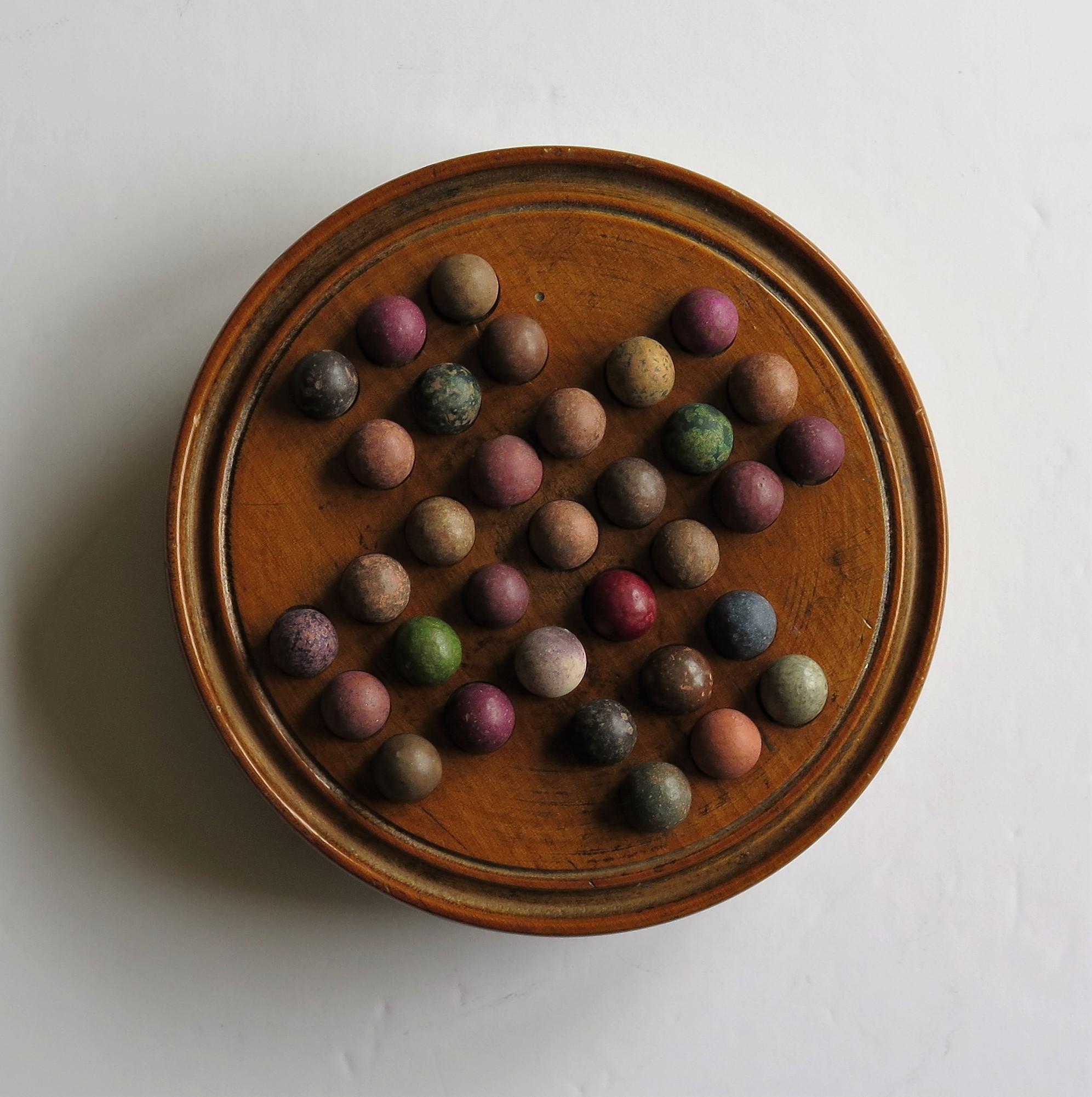 Victorian 19th Century Travelling Marble Solitaire Game with 33 Handmade Clay Marbles