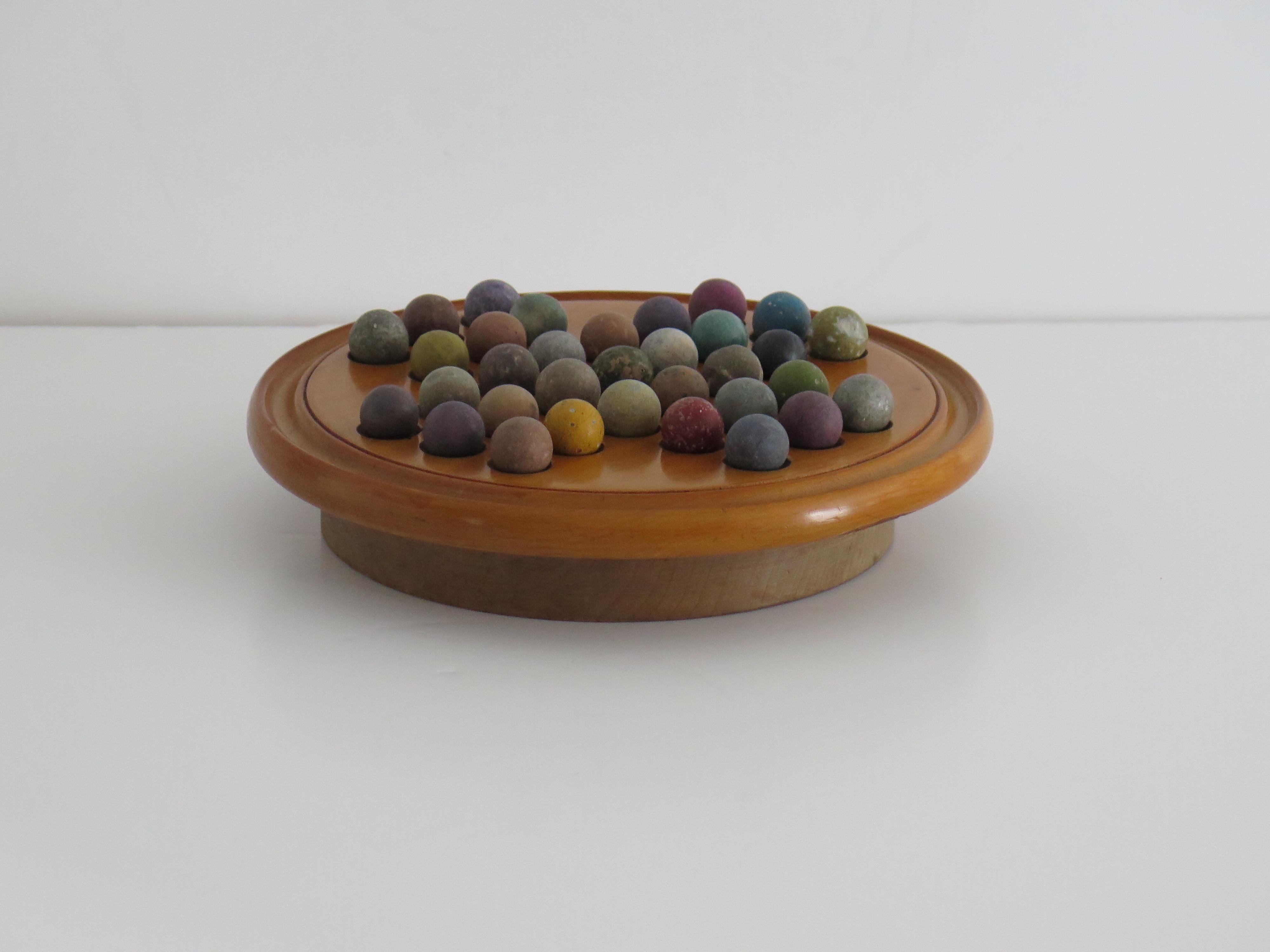 Victorian 19th Century Travelling Marble Solitaire Game with 33 Handmade Clay Marbles