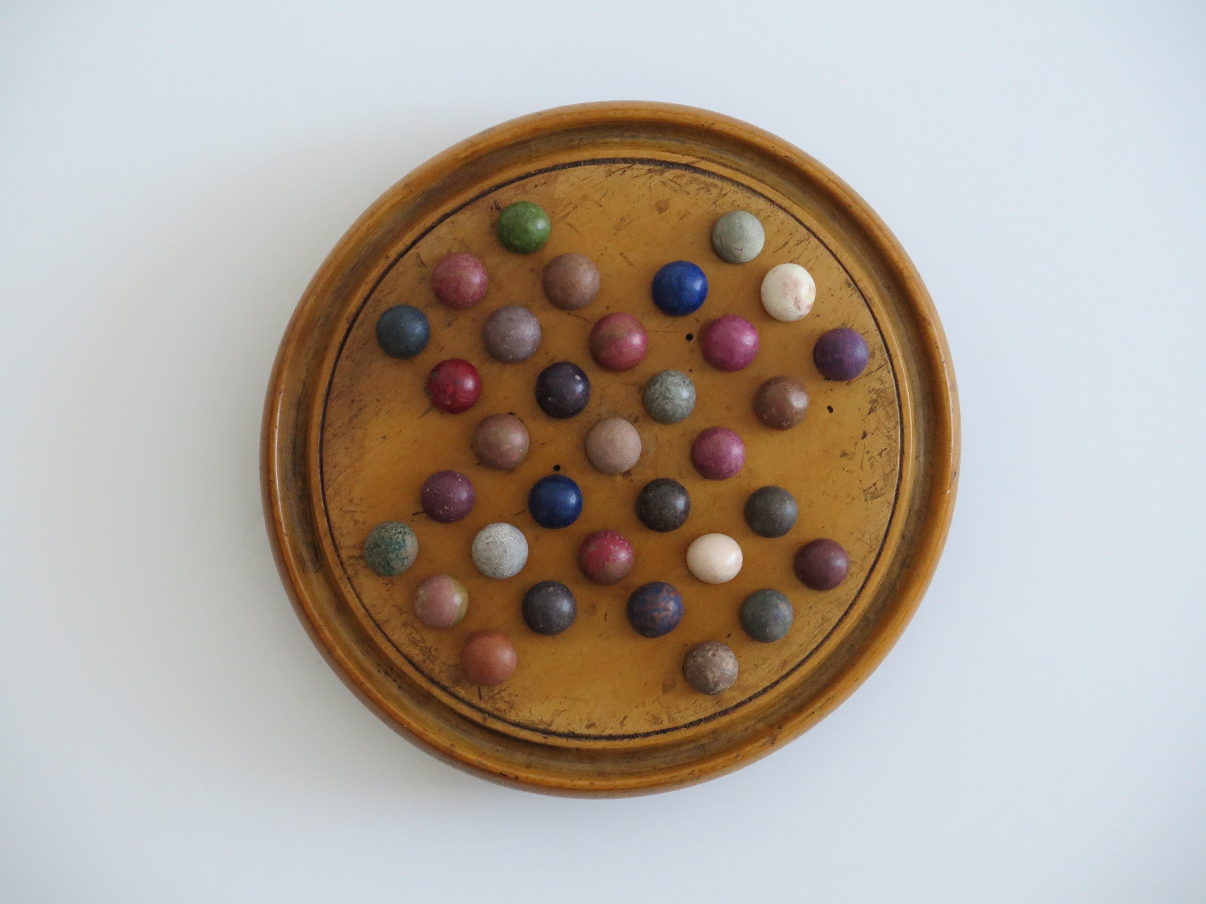 Victorian 19th Century Travelling Marble Solitaire Game with 33 Handmade Clay Marbles