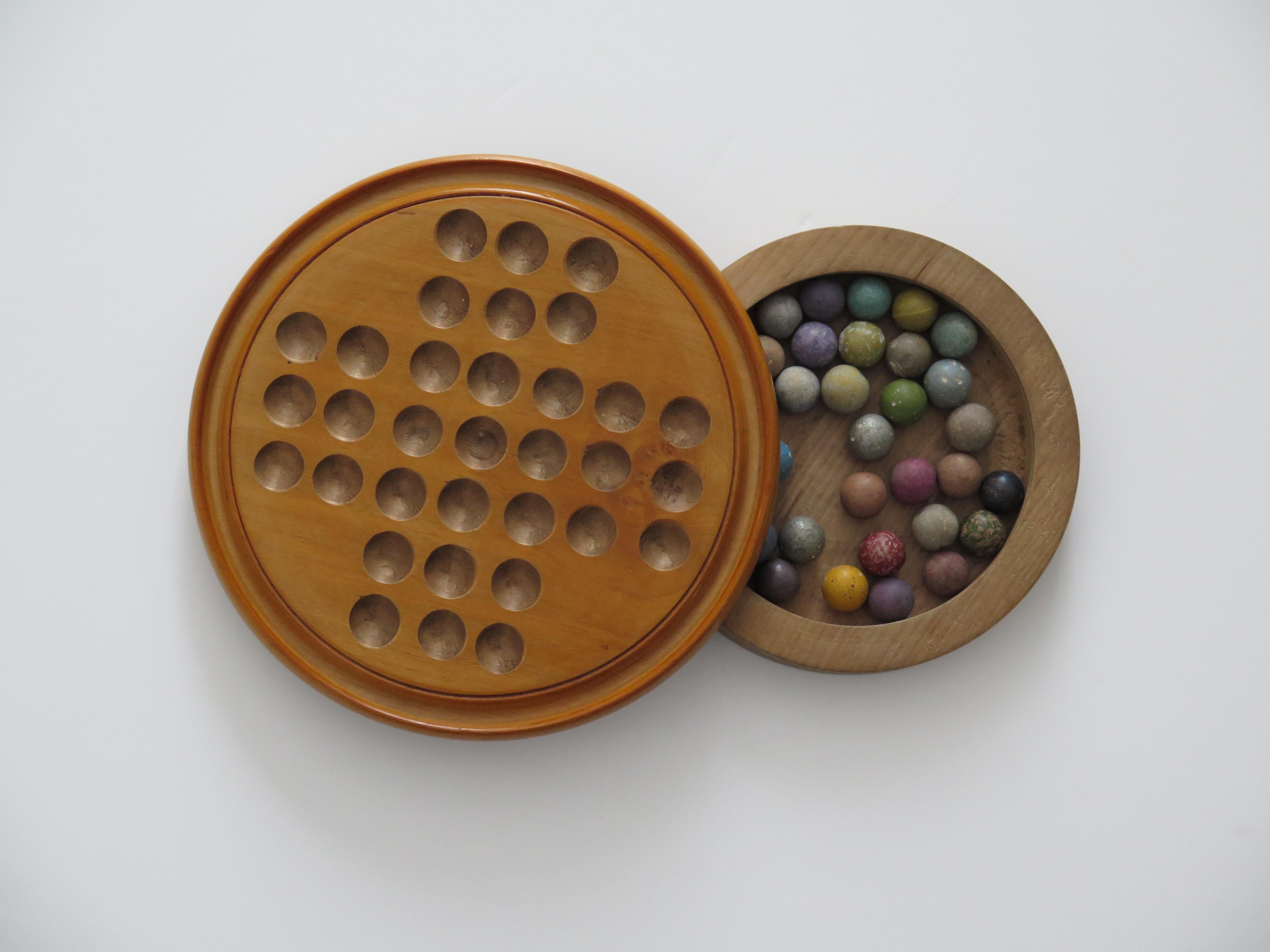 English 19th Century Travelling Marble Solitaire Game with 33 Handmade Clay Marbles