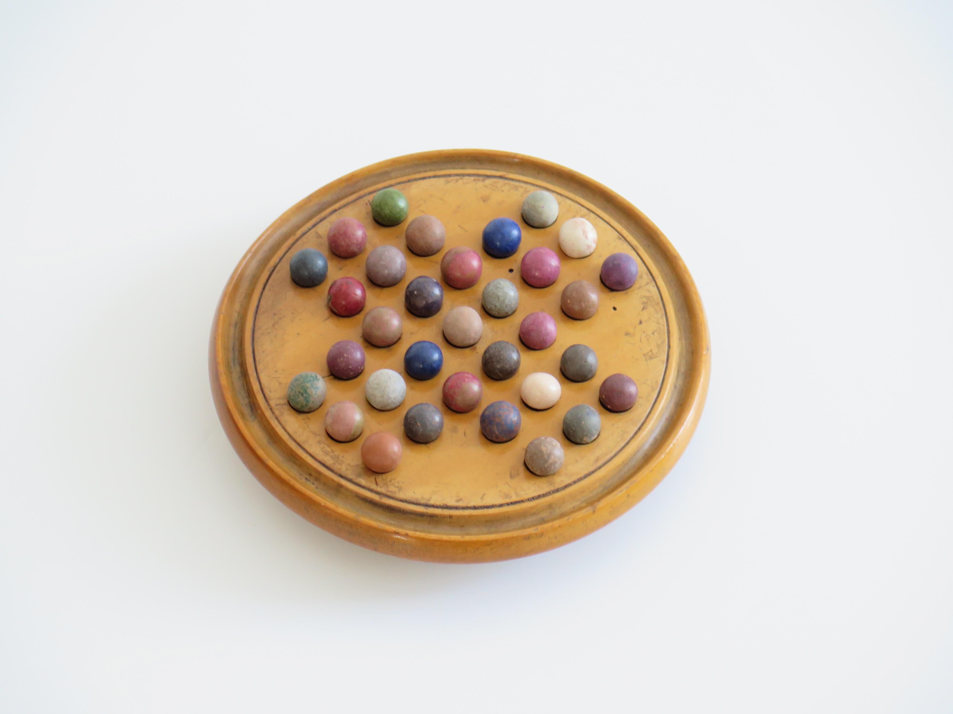 English 19th Century Travelling Marble Solitaire Game with 33 Handmade Clay Marbles