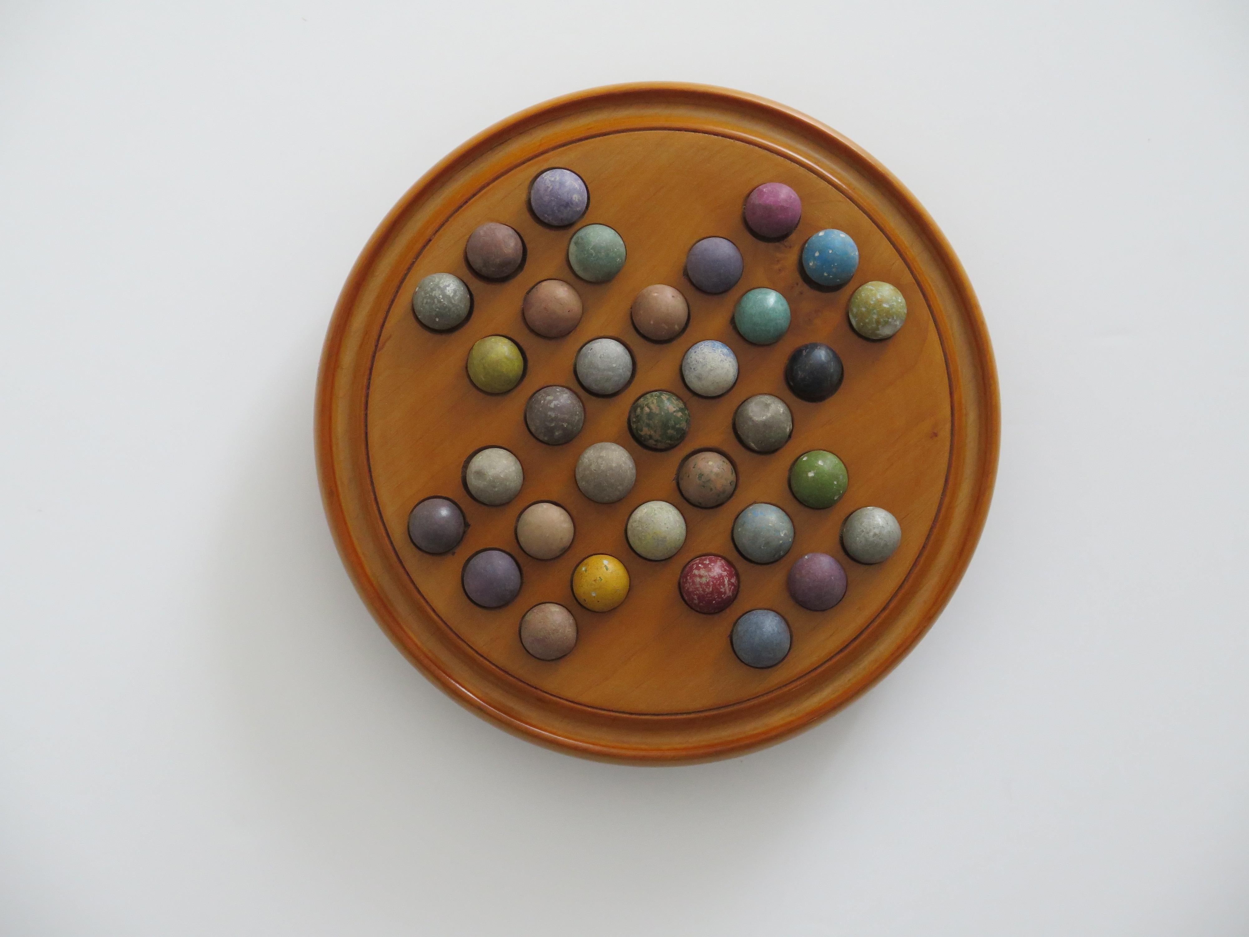 Hand-Crafted 19th Century Travelling Marble Solitaire Game with 33 Handmade Clay Marbles