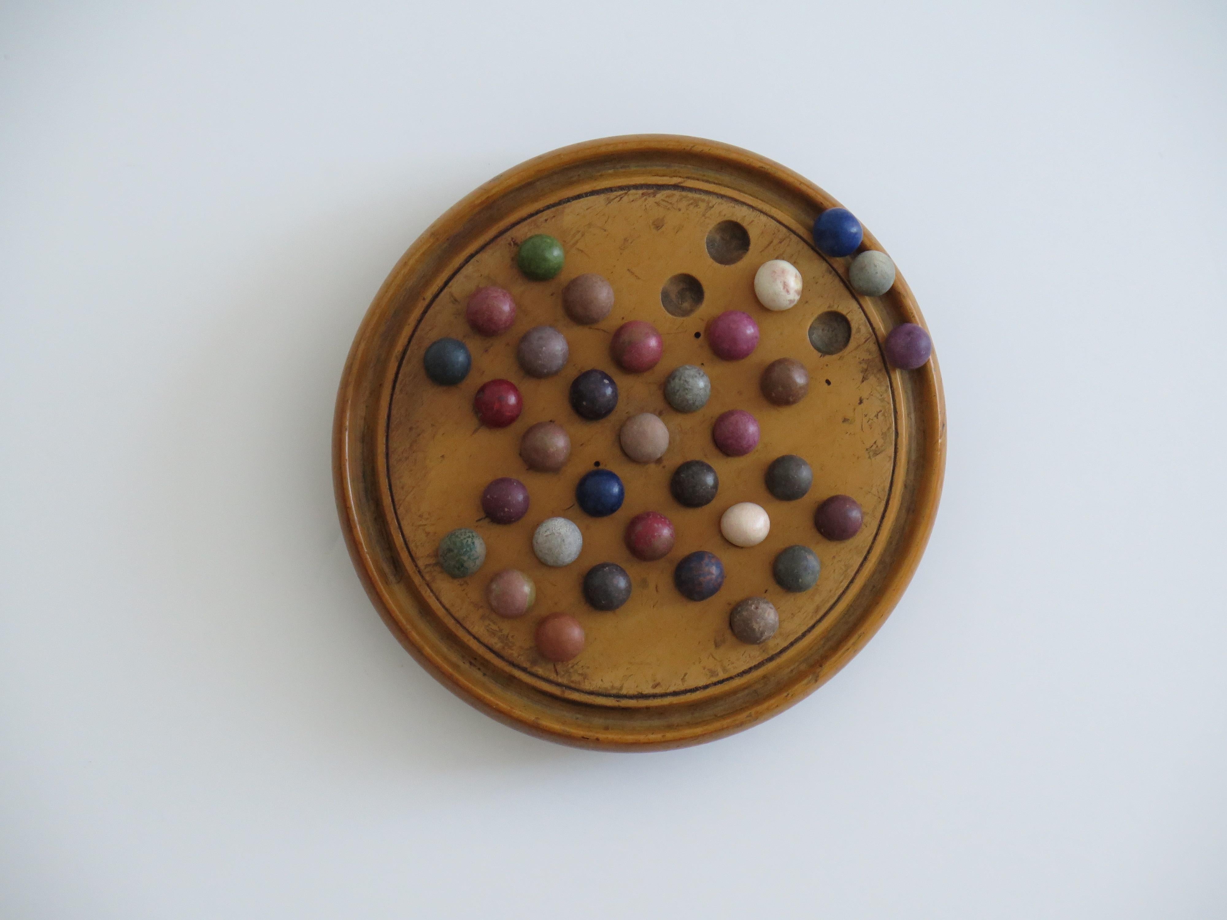 Hand-Crafted 19th Century Travelling Marble Solitaire Game with 33 Handmade Clay Marbles
