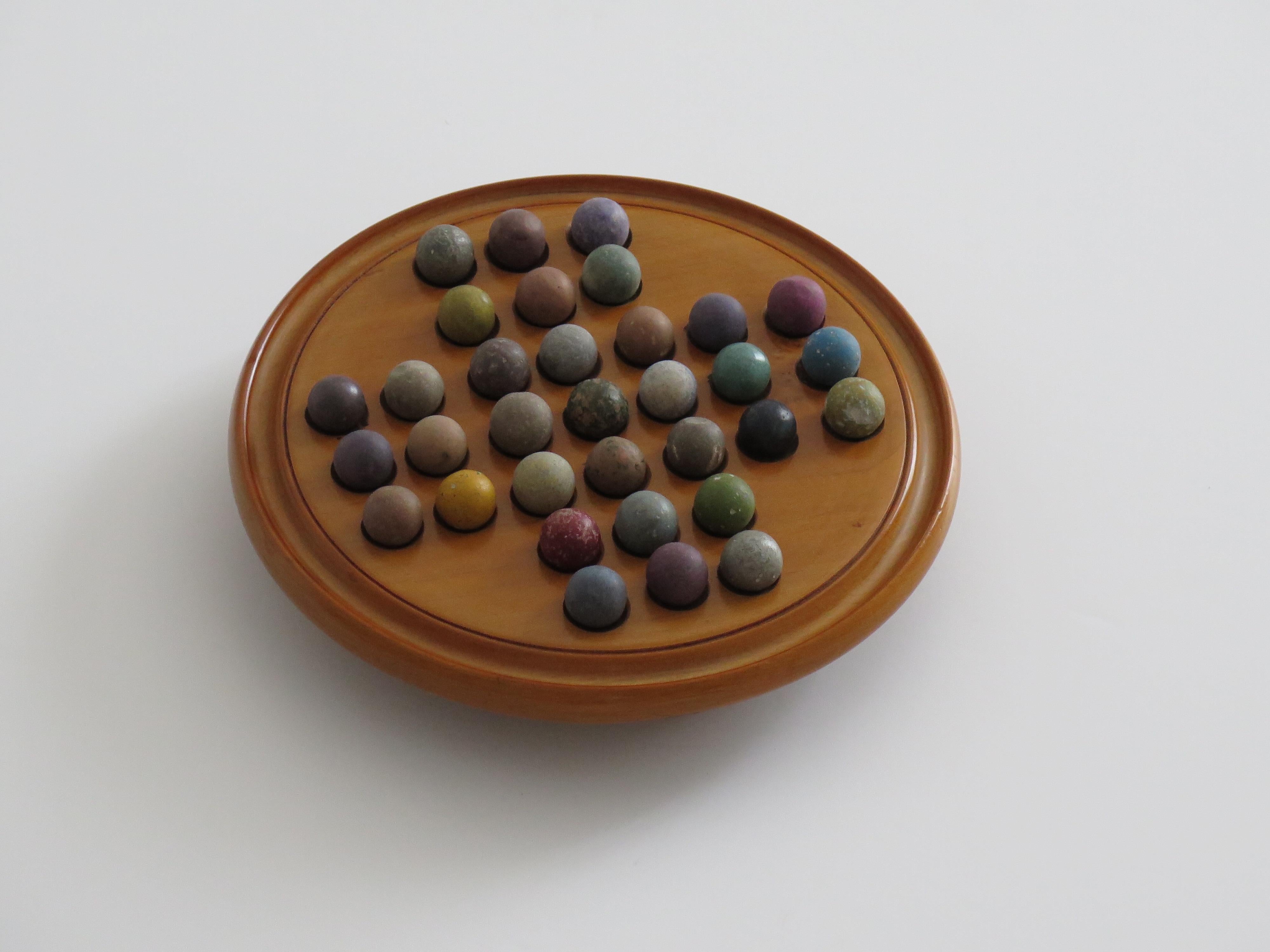 Stone 19th Century Travelling Marble Solitaire Game with 33 Handmade Clay Marbles