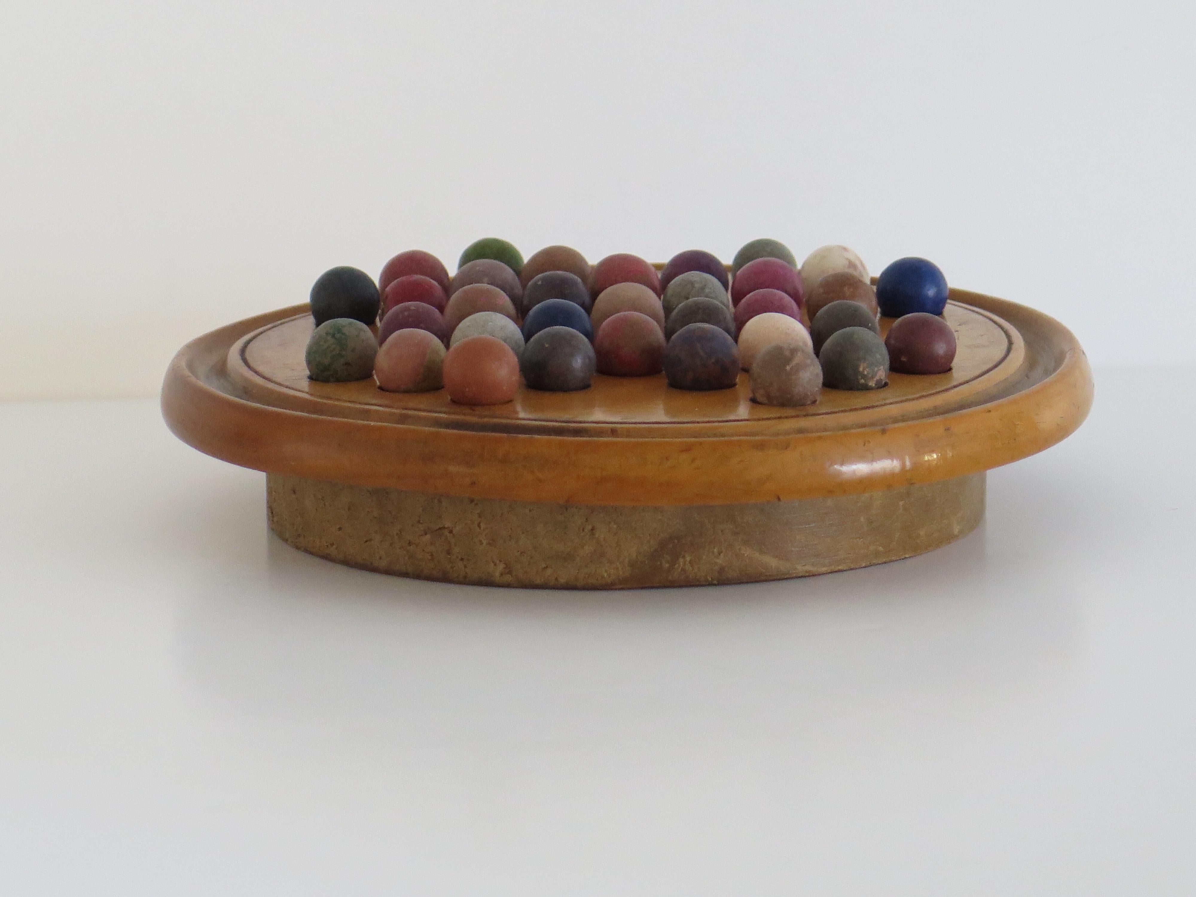 Stone 19th Century Travelling Marble Solitaire Game with 33 Handmade Clay Marbles