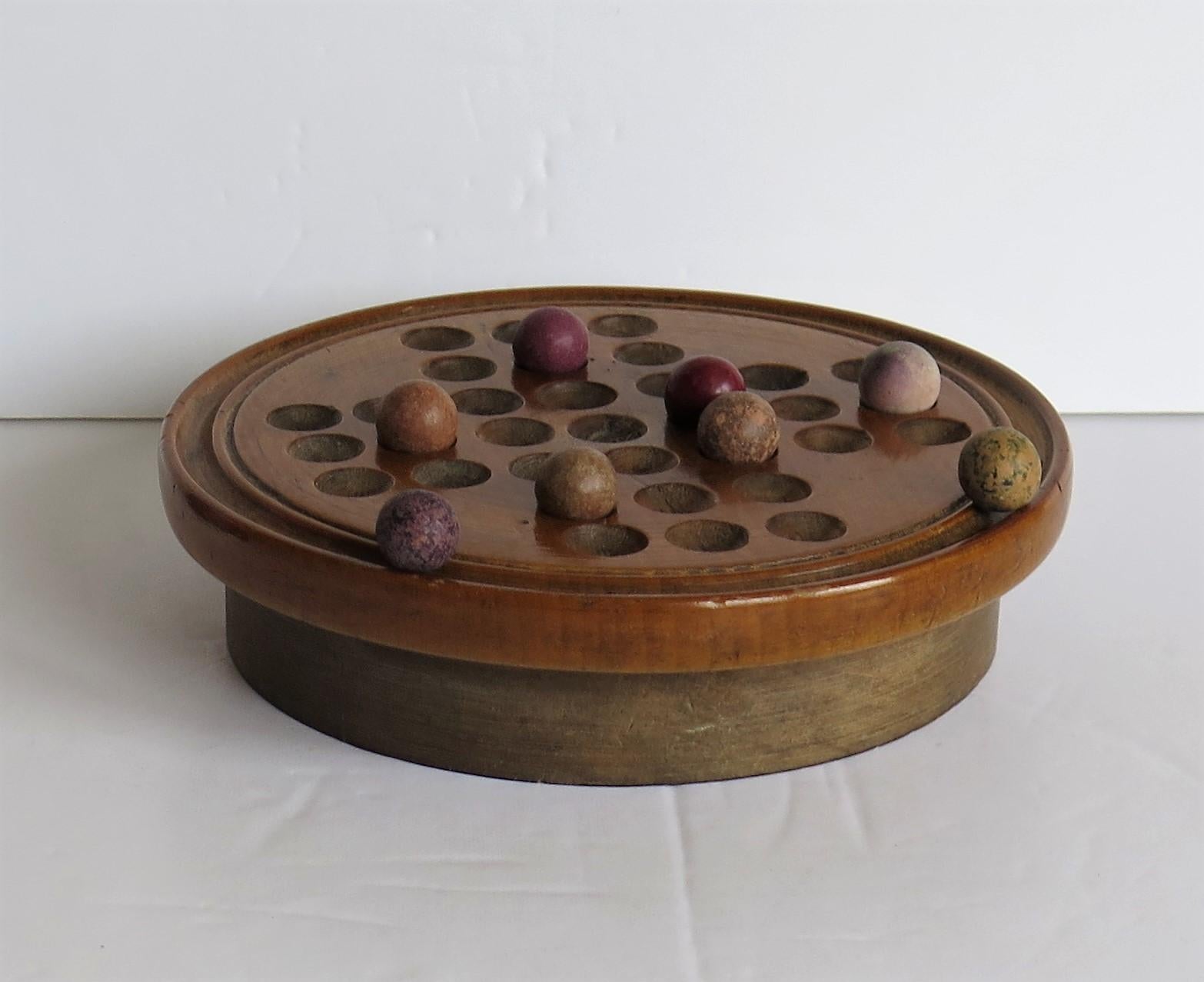 19th Century Travelling Marble Solitaire Game with 33 Handmade Clay Marbles 1