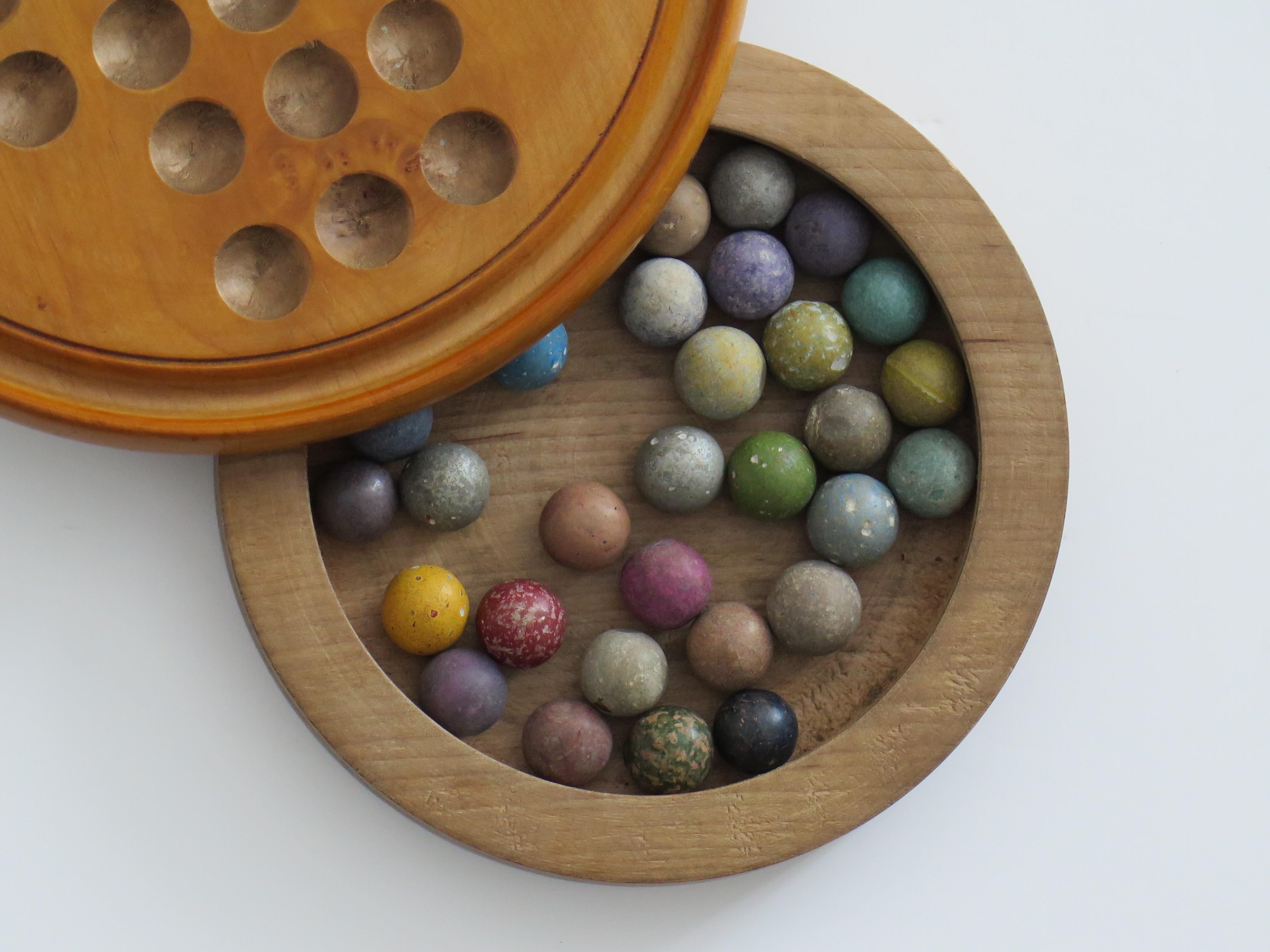 19th Century Travelling Marble Solitaire Game with 33 Handmade Clay Marbles 1