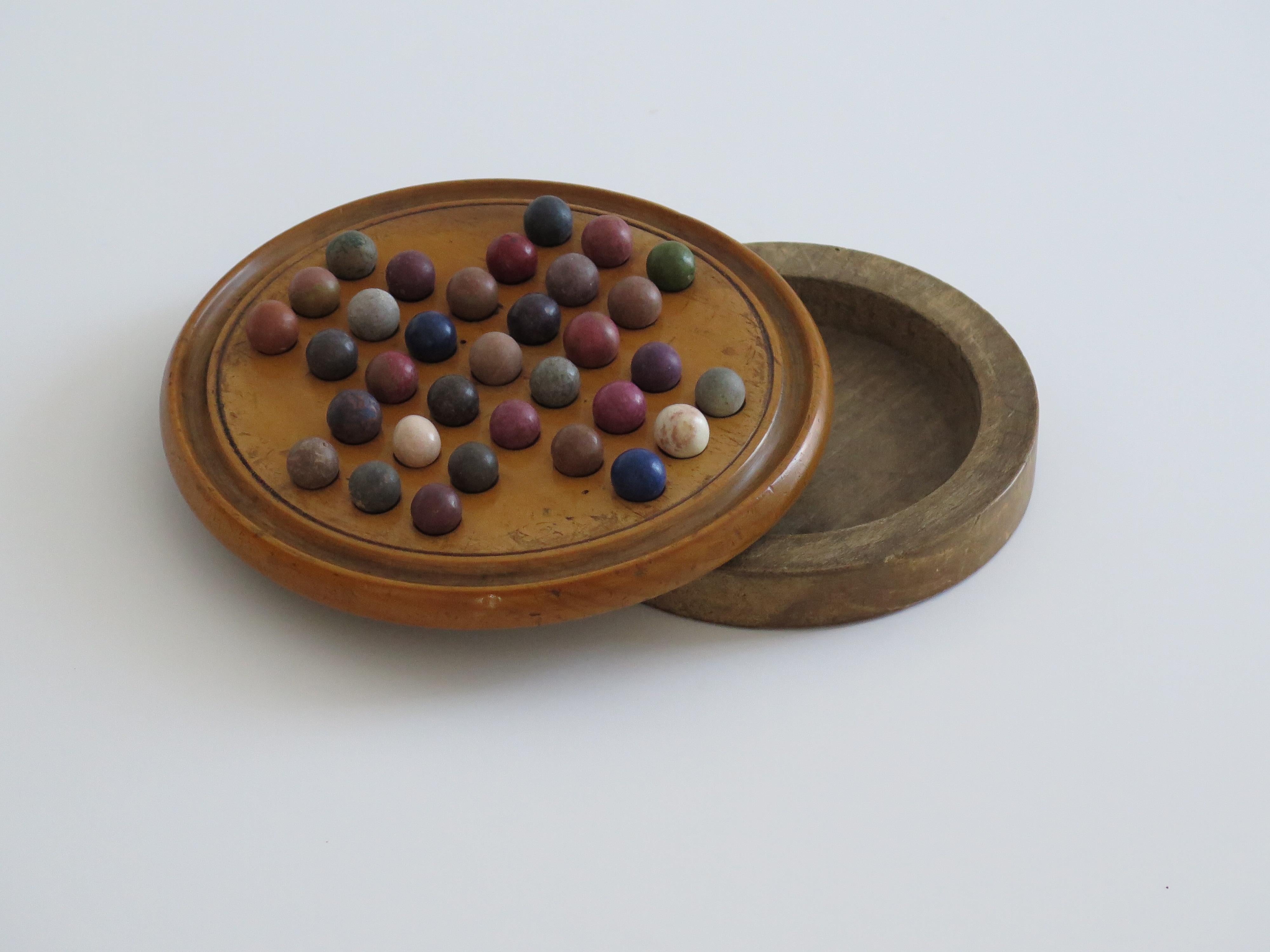 19th Century Travelling Marble Solitaire Game with 33 Handmade Clay Marbles 1