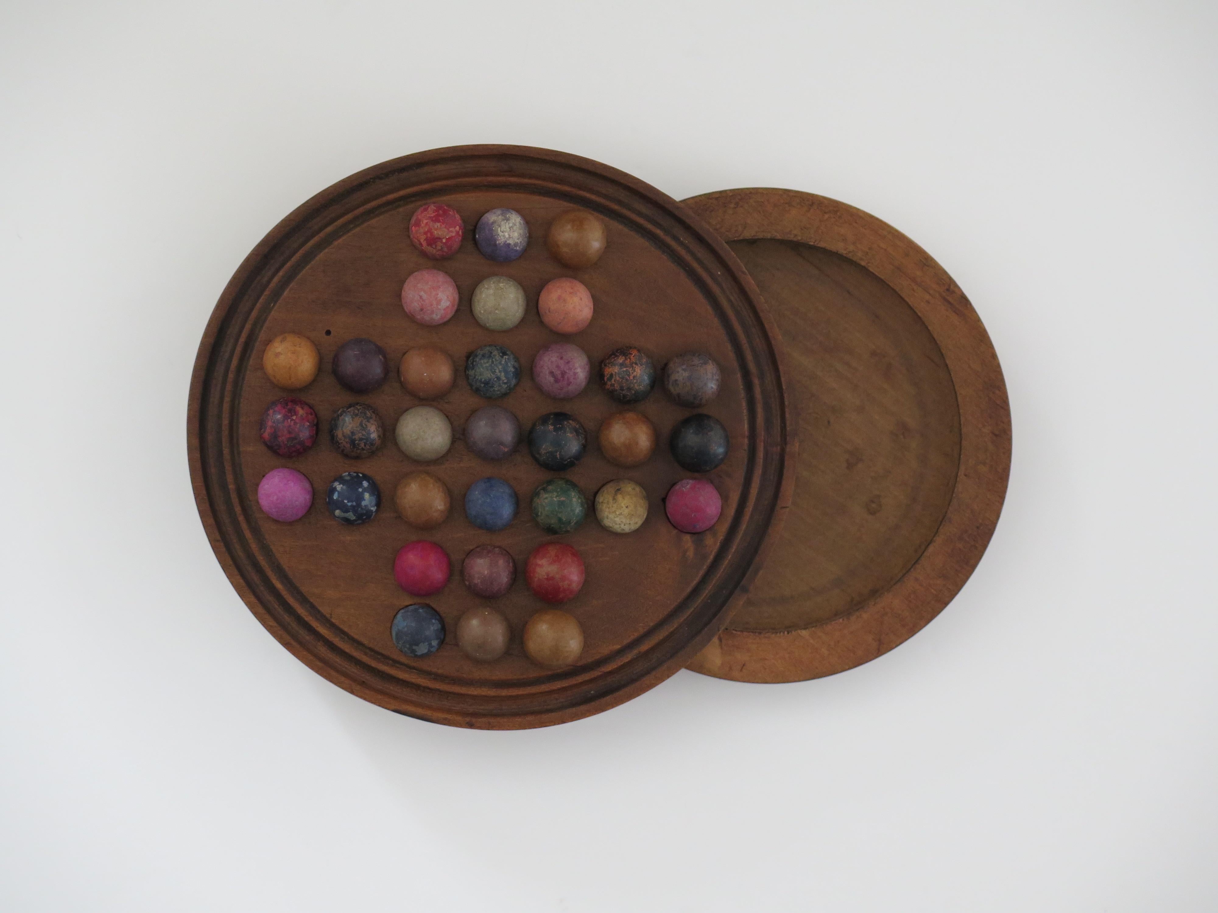 19th Century Travelling Marble Solitaire Game with 33 Handmade Clay Marbles