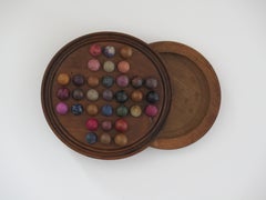 Antique 19th Century Travelling Marble Solitaire Game with 33 Handmade Clay Marbles