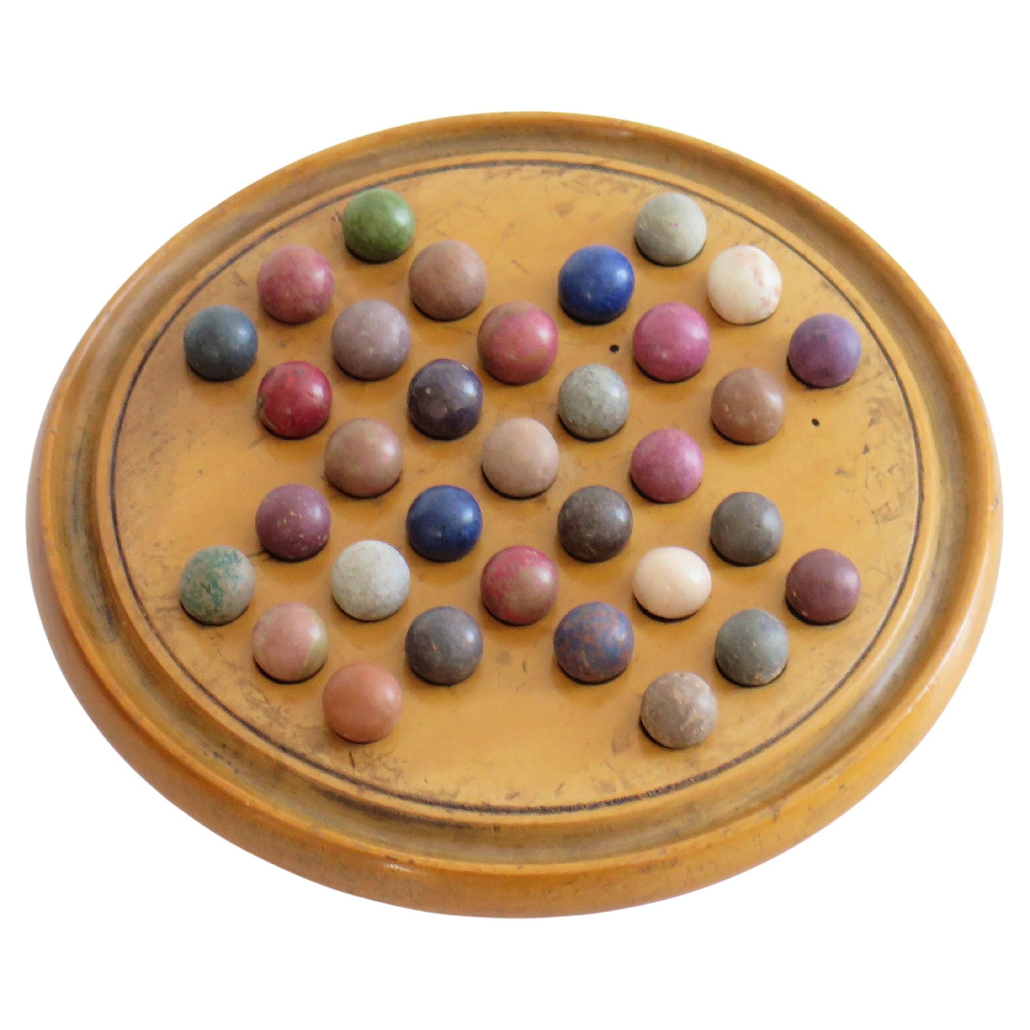 19th Century Travelling Marble Solitaire Game with 33 Handmade Clay Marbles