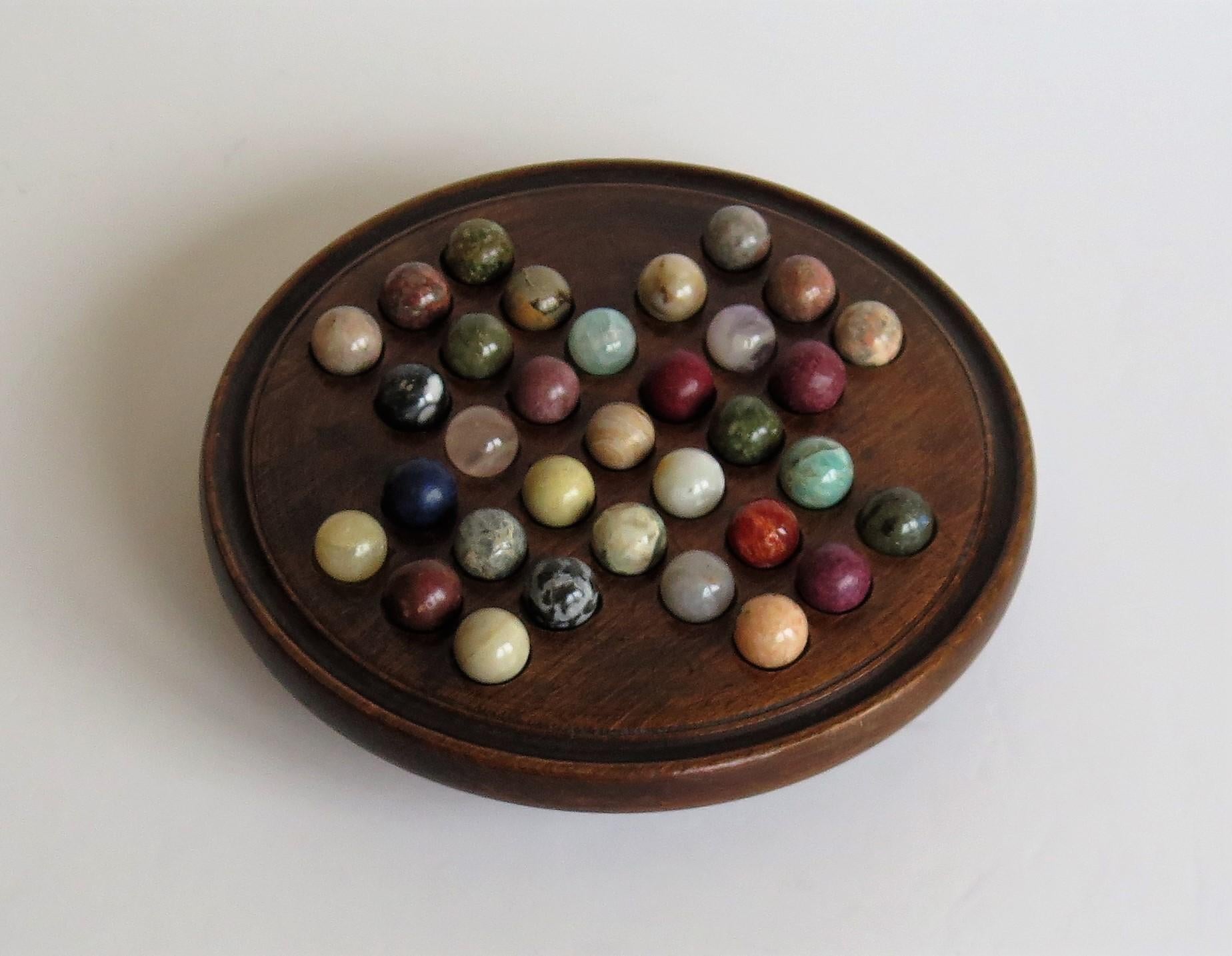 Victorian 19th Century Travelling Marble Solitaire Game with Agate Mineral Stone Marbles