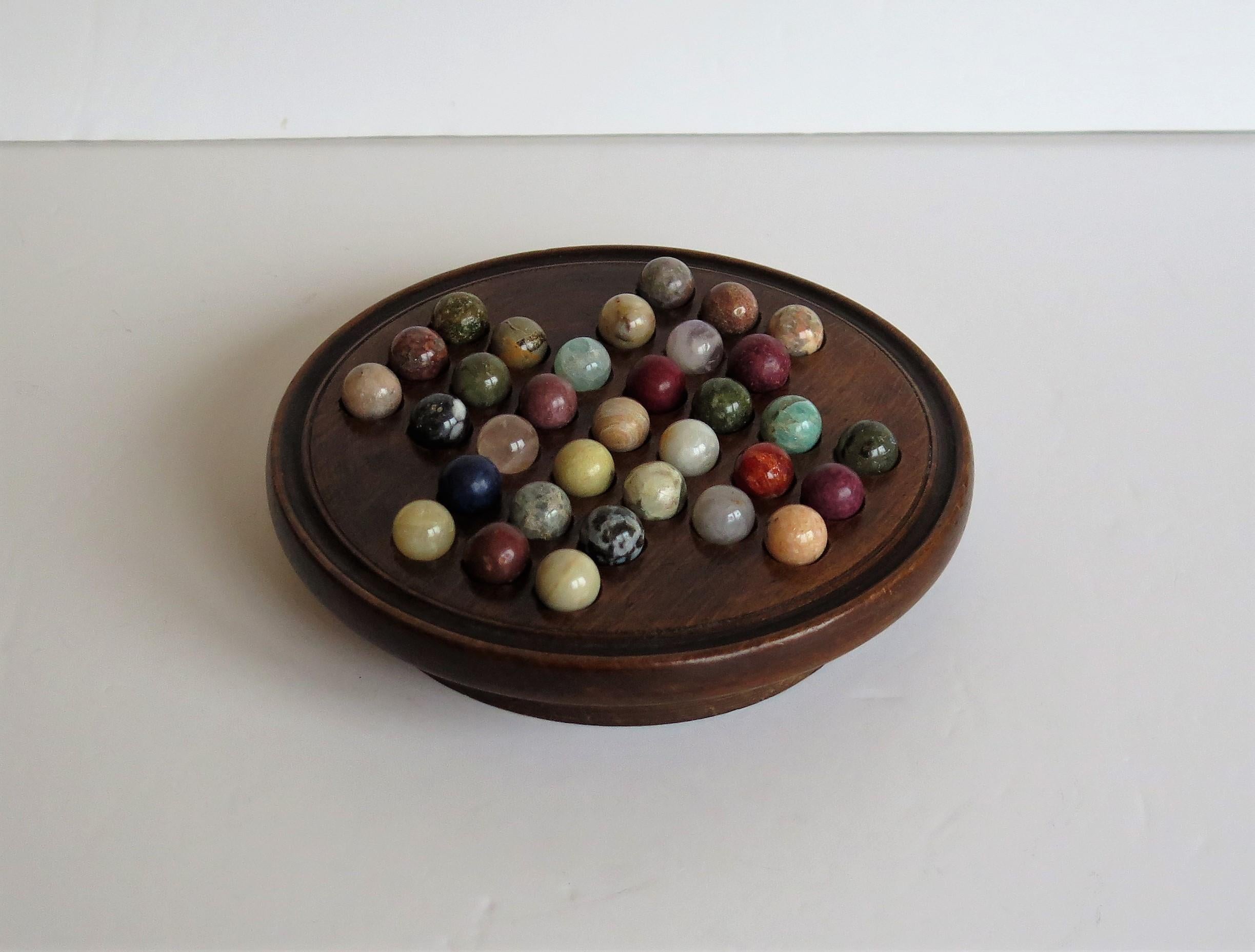 Hand-Crafted 19th Century Travelling Marble Solitaire Game with Agate Mineral Stone Marbles