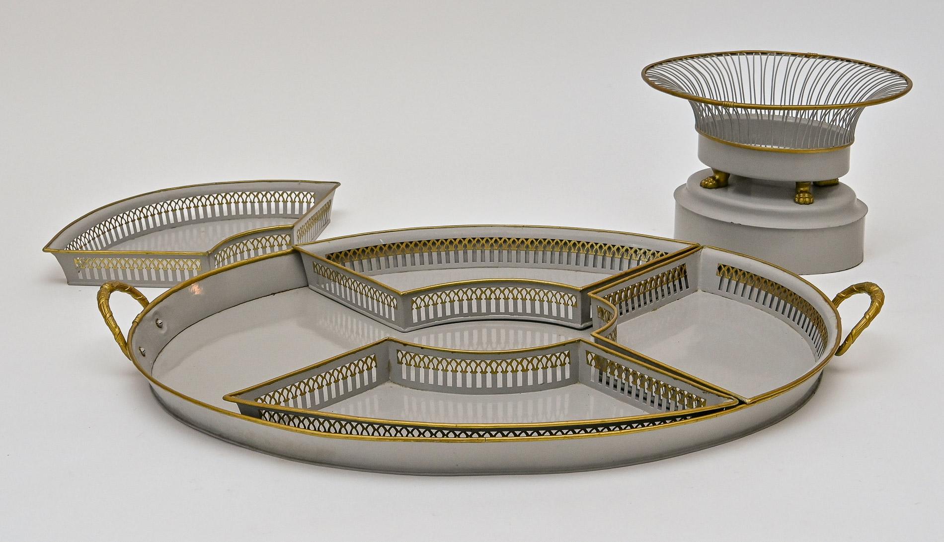 Metal 19th Century Tray With Inserts And Basket Tole Paint France Louis Philippe For Sale