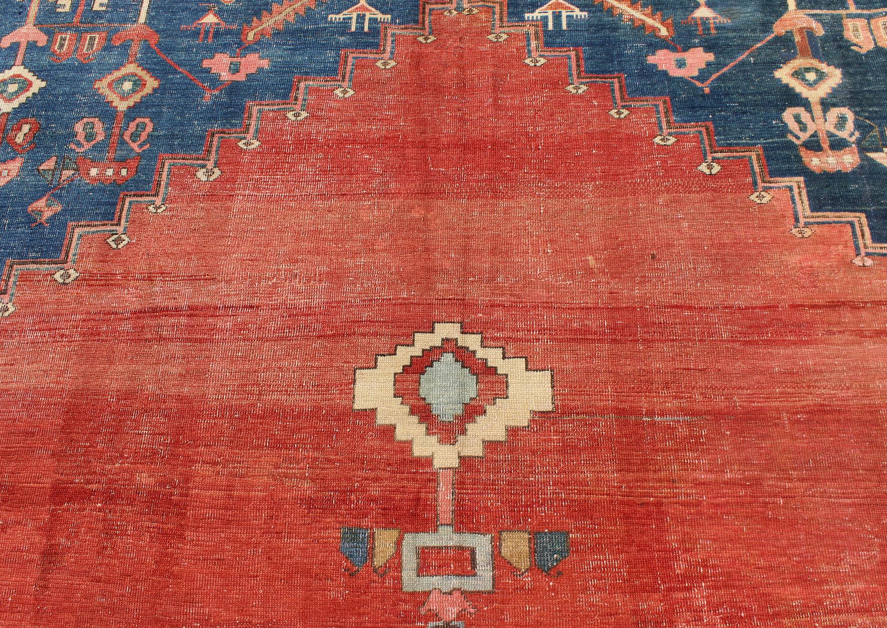 Finely Woven 19th Century Antique Persian Bakhshaiesh Rug in Rust Red and Blue For Sale 6
