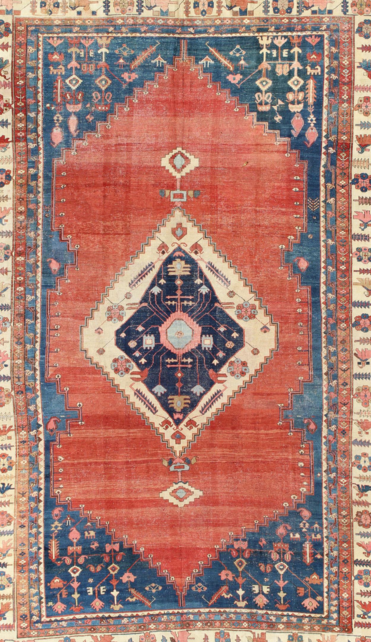 Bakshaish Finely Woven 19th Century Antique Persian Bakhshaiesh Rug in Rust Red and Blue For Sale