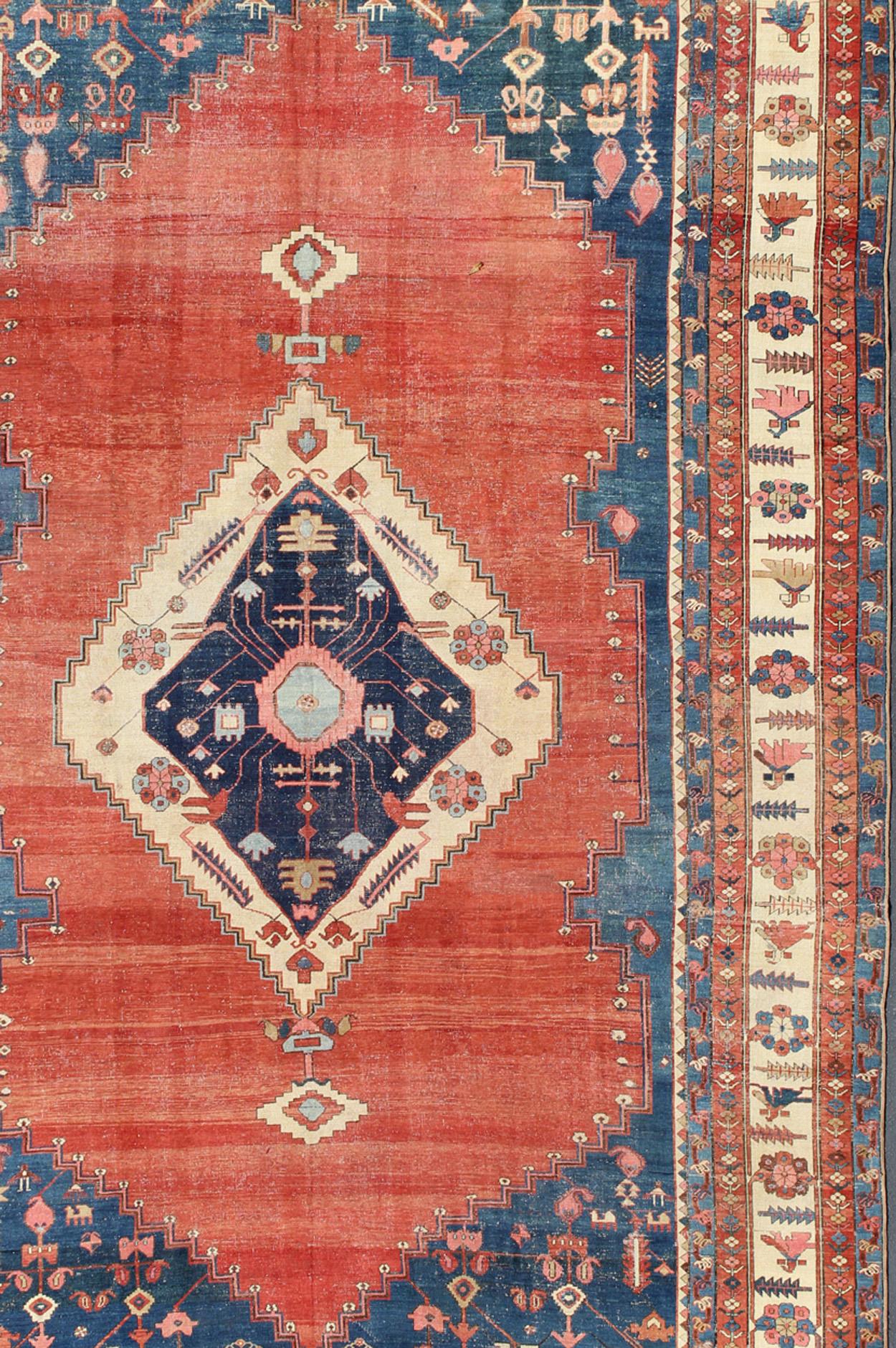 Hand-Knotted Finely Woven 19th Century Antique Persian Bakhshaiesh Rug in Rust Red and Blue For Sale