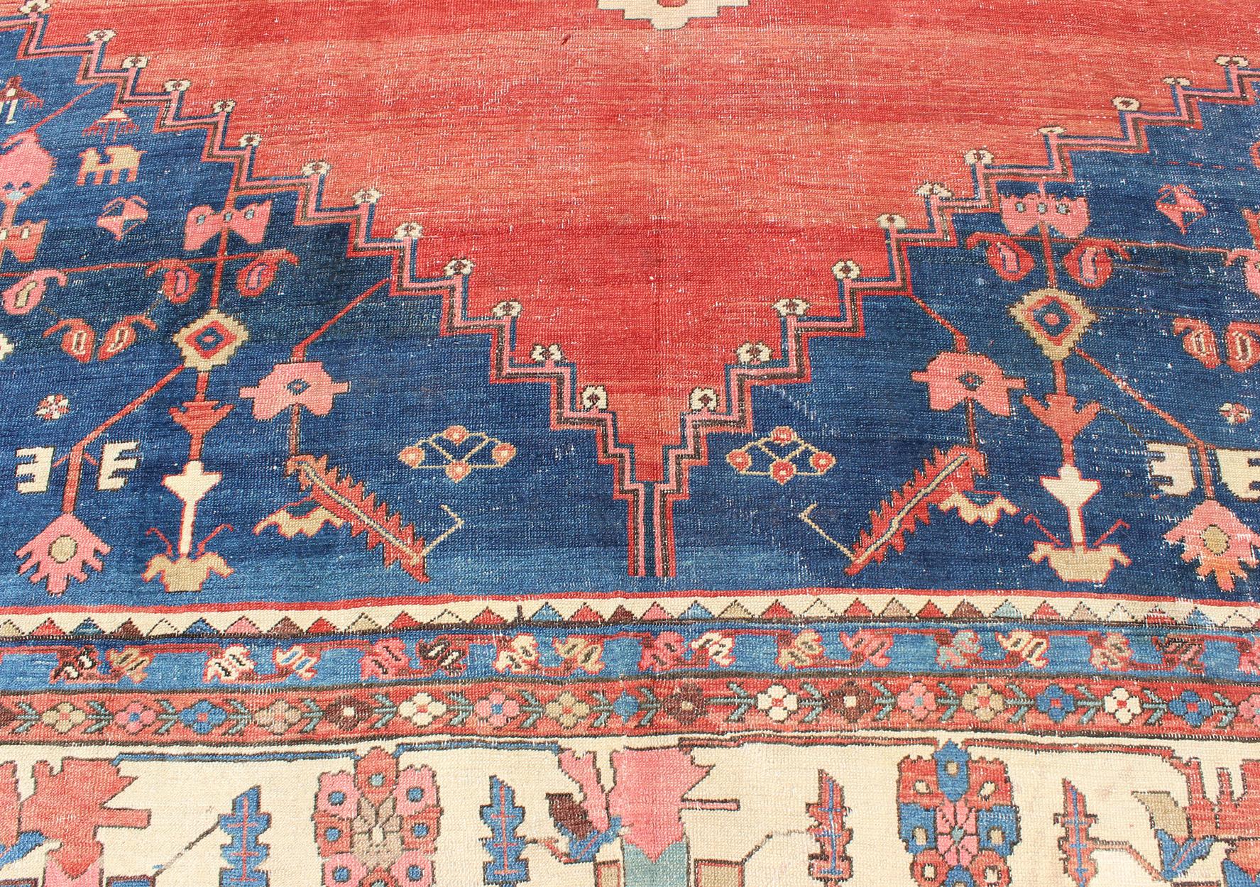 Wool Finely Woven 19th Century Antique Persian Bakhshaiesh Rug in Rust Red and Blue For Sale