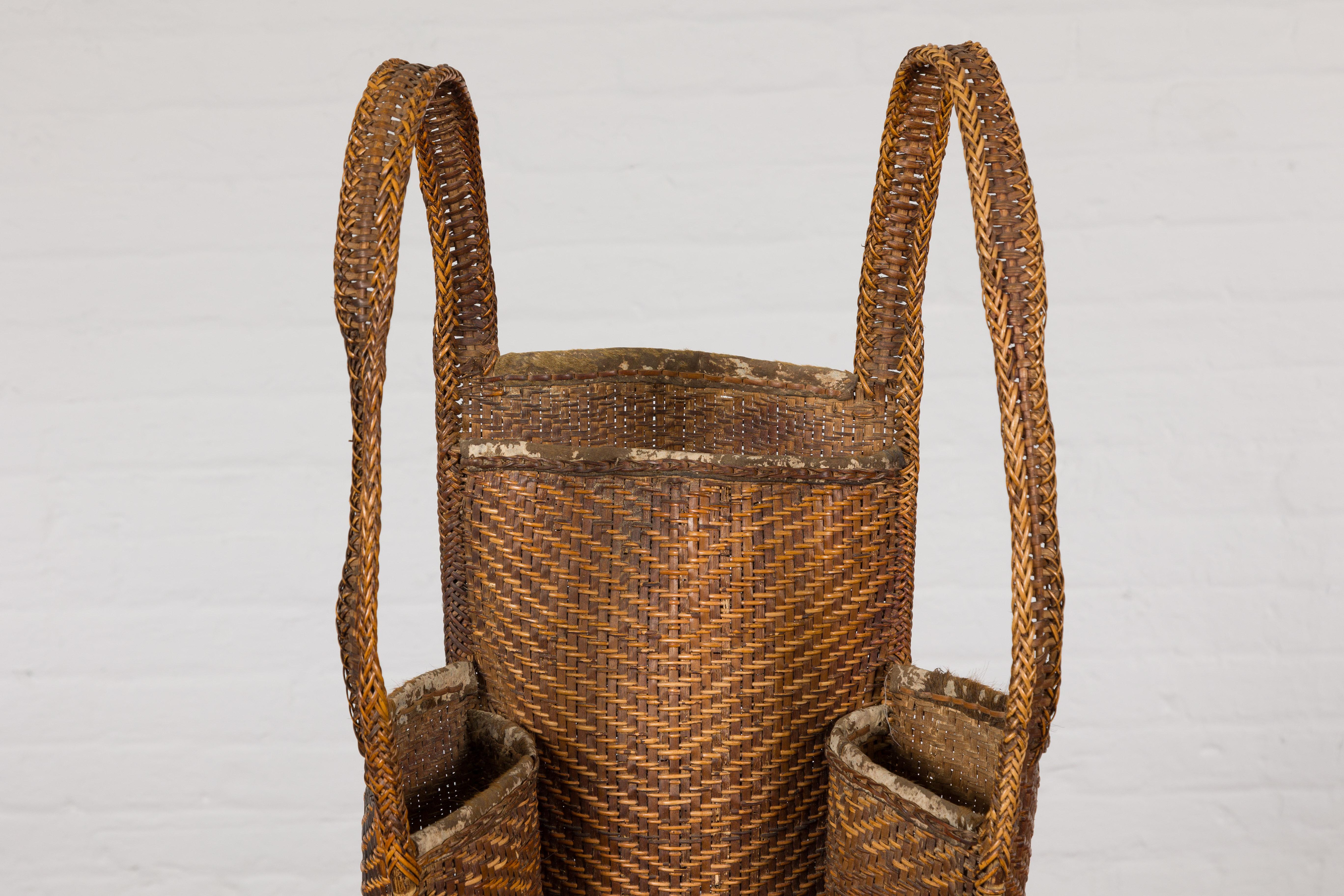 19th Century Tribal Handwoven Rattan Backpack with Inner Pockets In Good Condition For Sale In Yonkers, NY