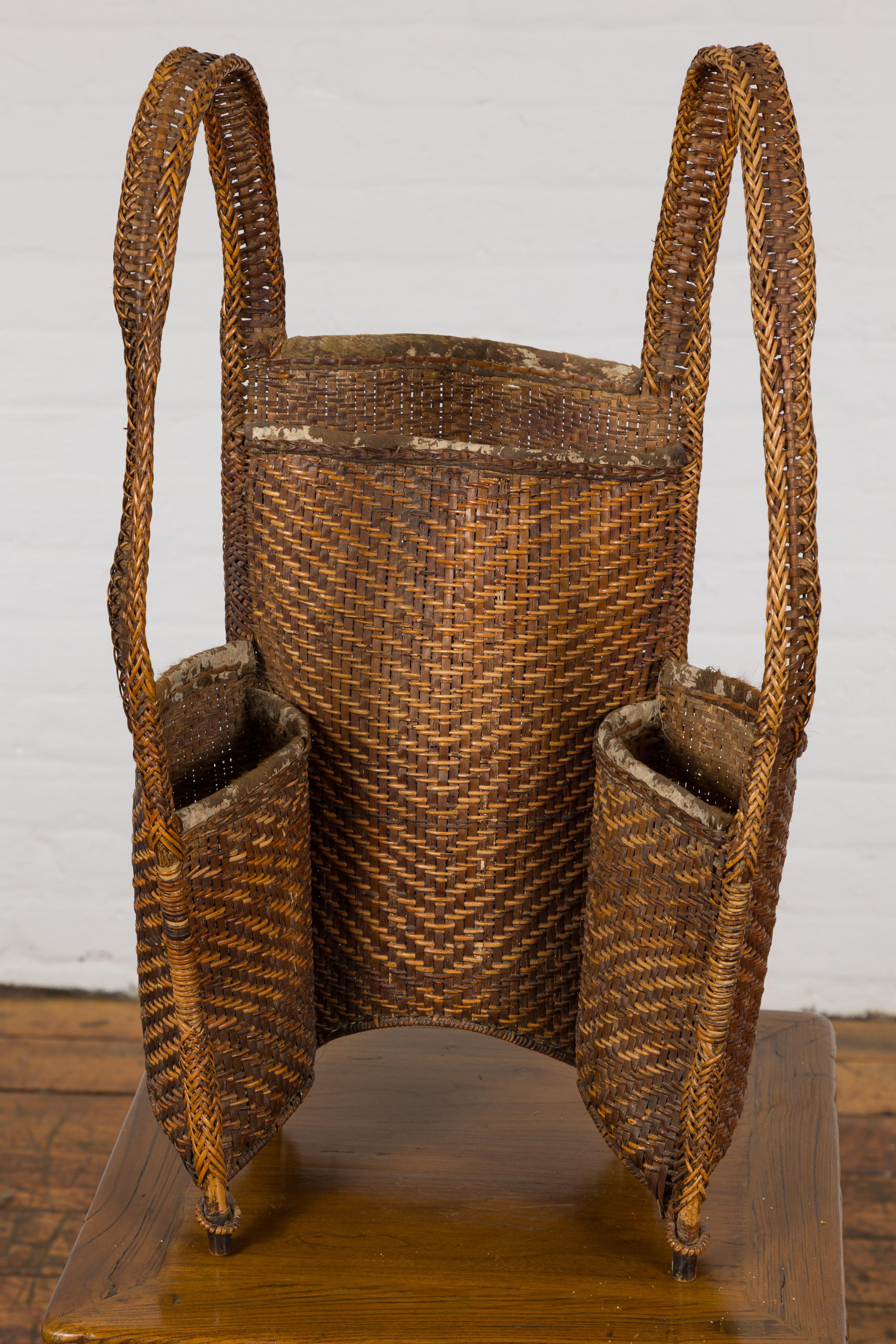 19th Century Tribal Handwoven Rattan Backpack with Inner Pockets For Sale 3