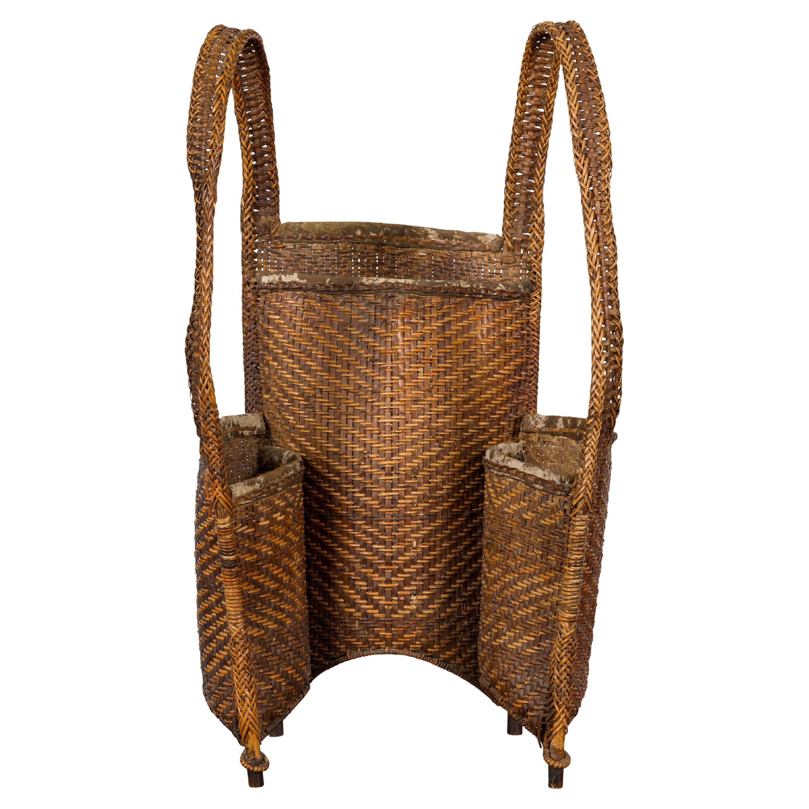 19th Century Tribal Handwoven Rattan Backpack with Inner Pockets