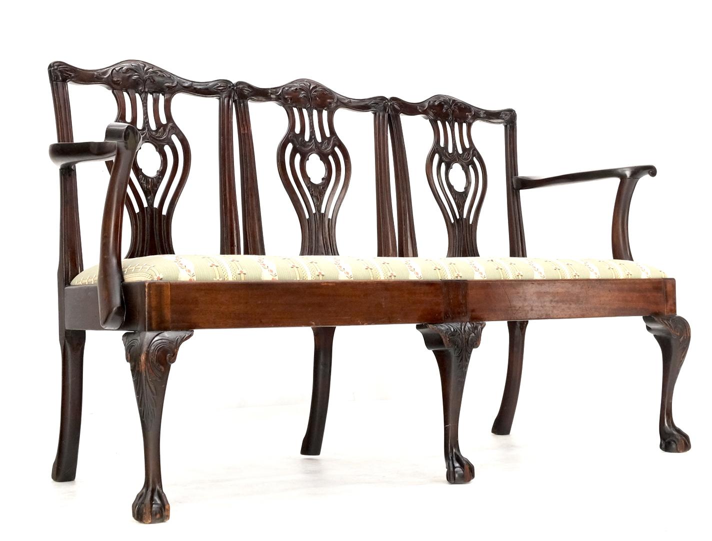 Carved 19th Century Triple Ball & Claw Armchair Style Settee Bench Sofa Chippendale For Sale