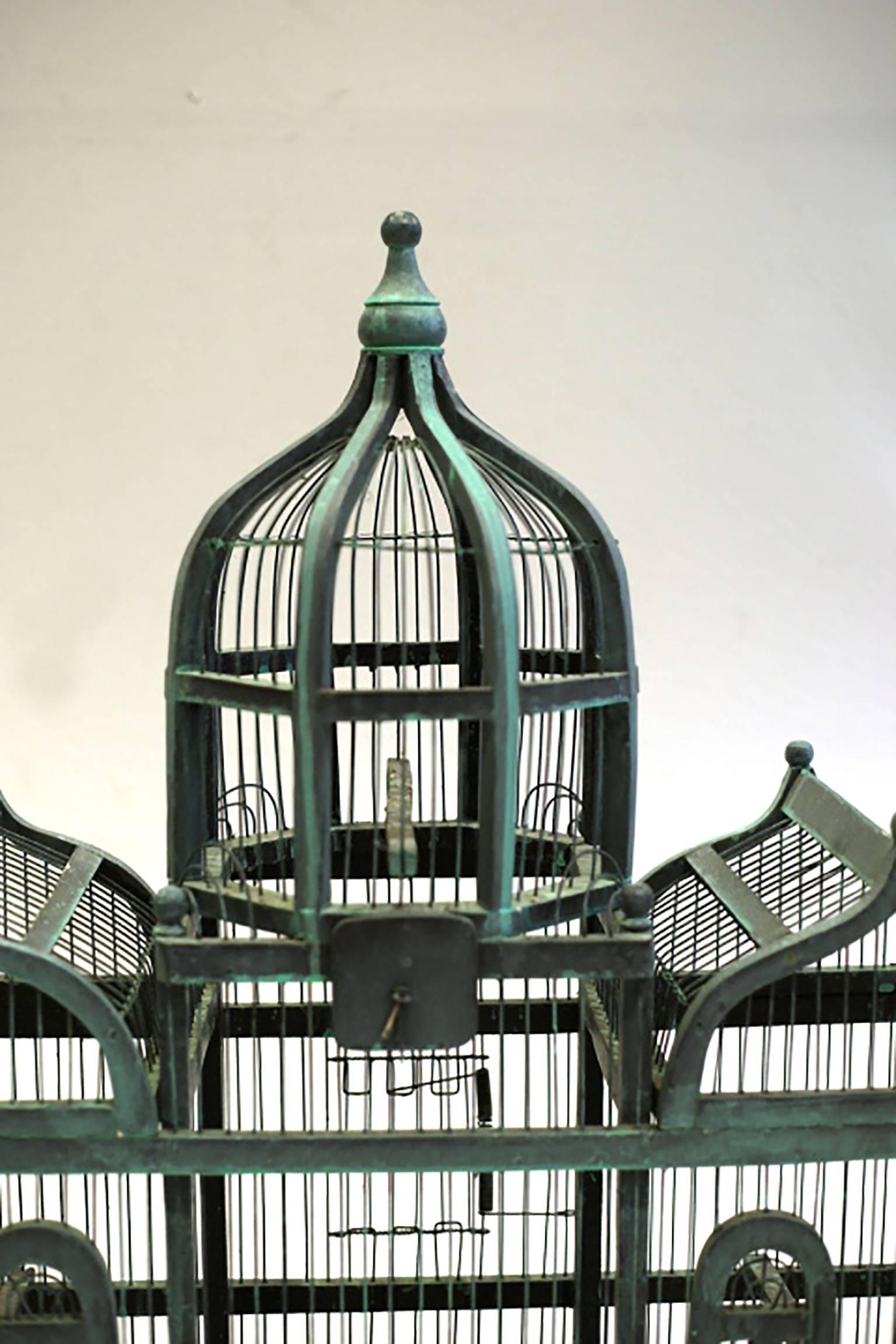 Painted 19th Century Triple Domed Wooden Cathedral Taj Mahal Bird Cage, circa 1800s