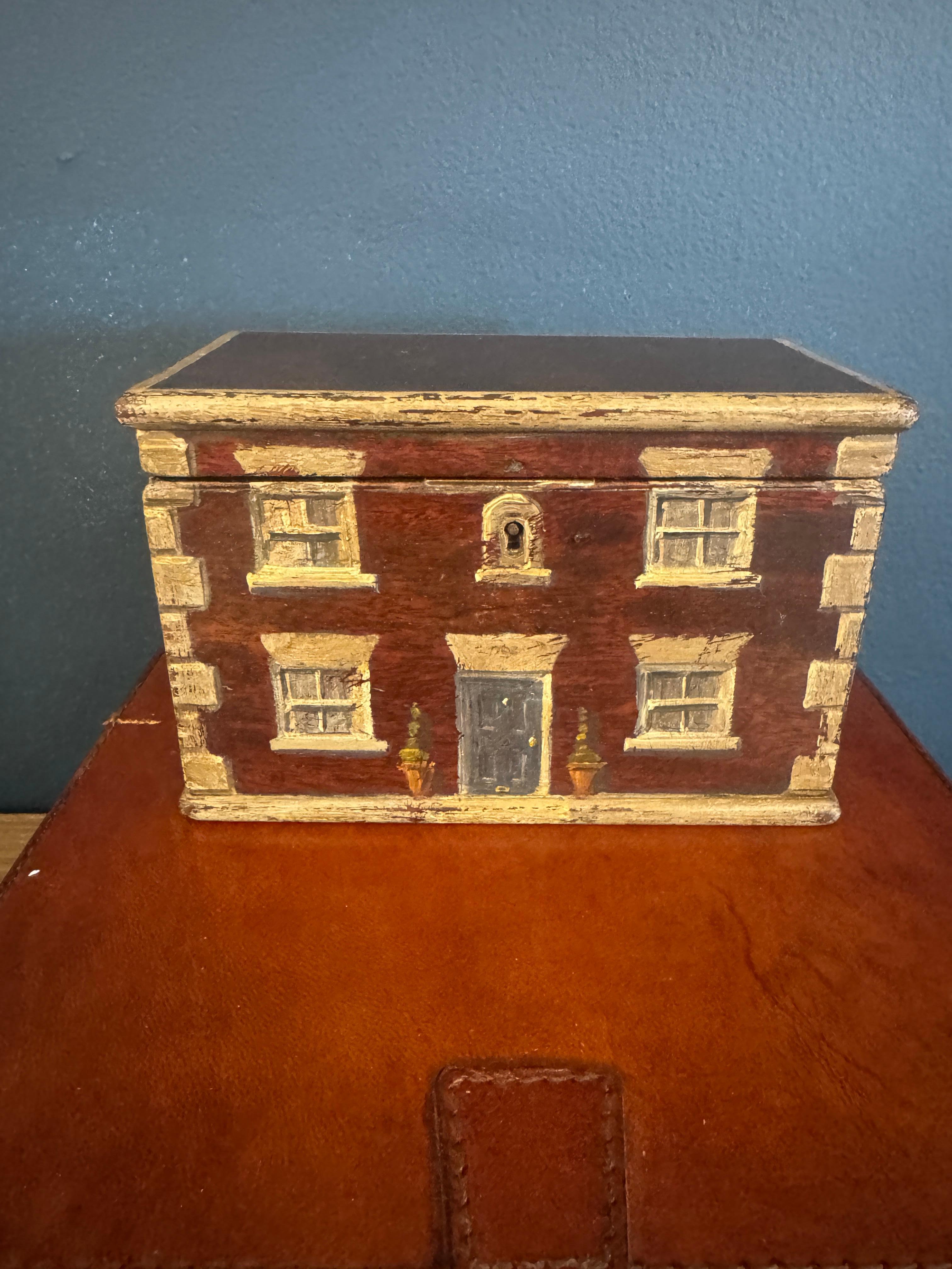 Hand-Painted 19th Century Trompe L'oeil Country House Painted Oak Box For Sale