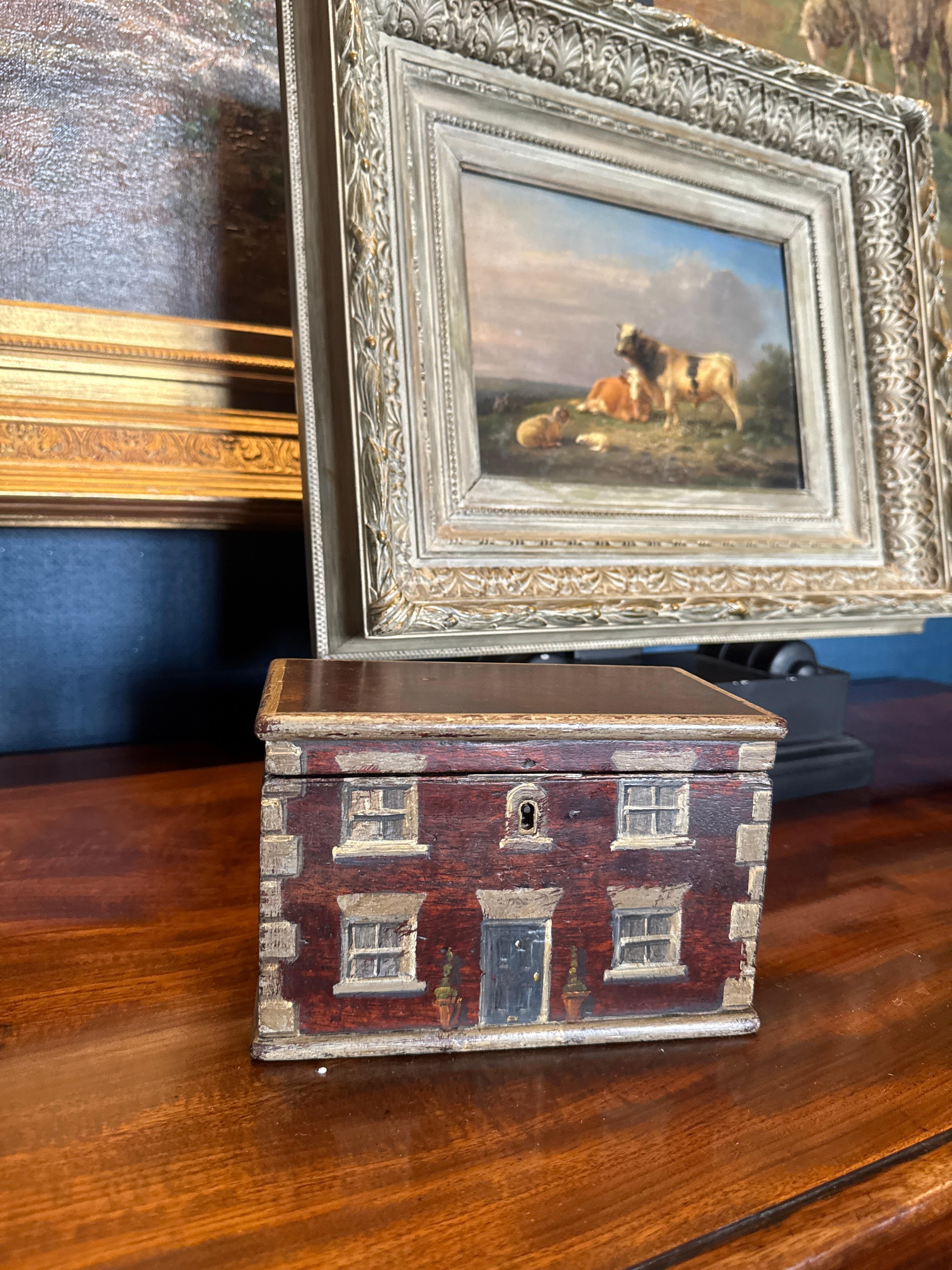 19th Century Trompe L'oeil Country House Painted Oak Box In Good Condition For Sale In Middleburg, VA