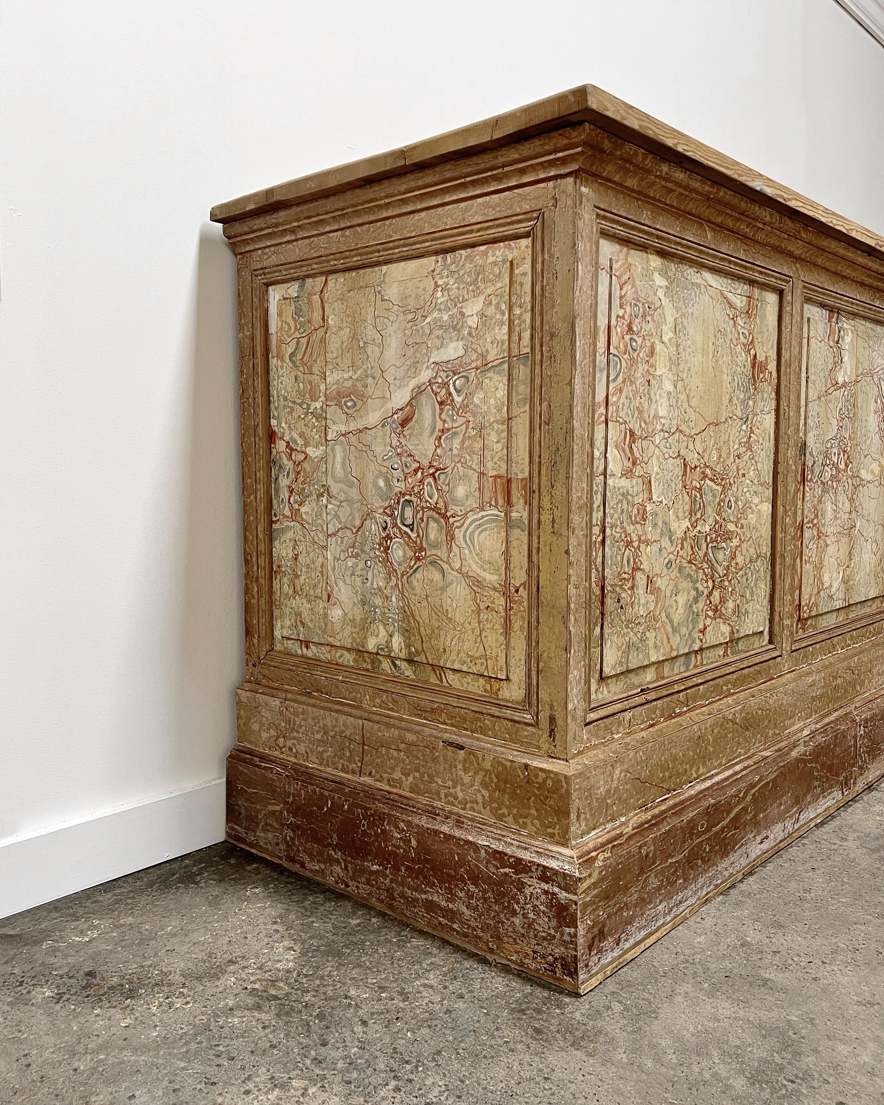 French 19th Century Trompe l'Oeil Marble Painted Shop Counter, Kitchen Island