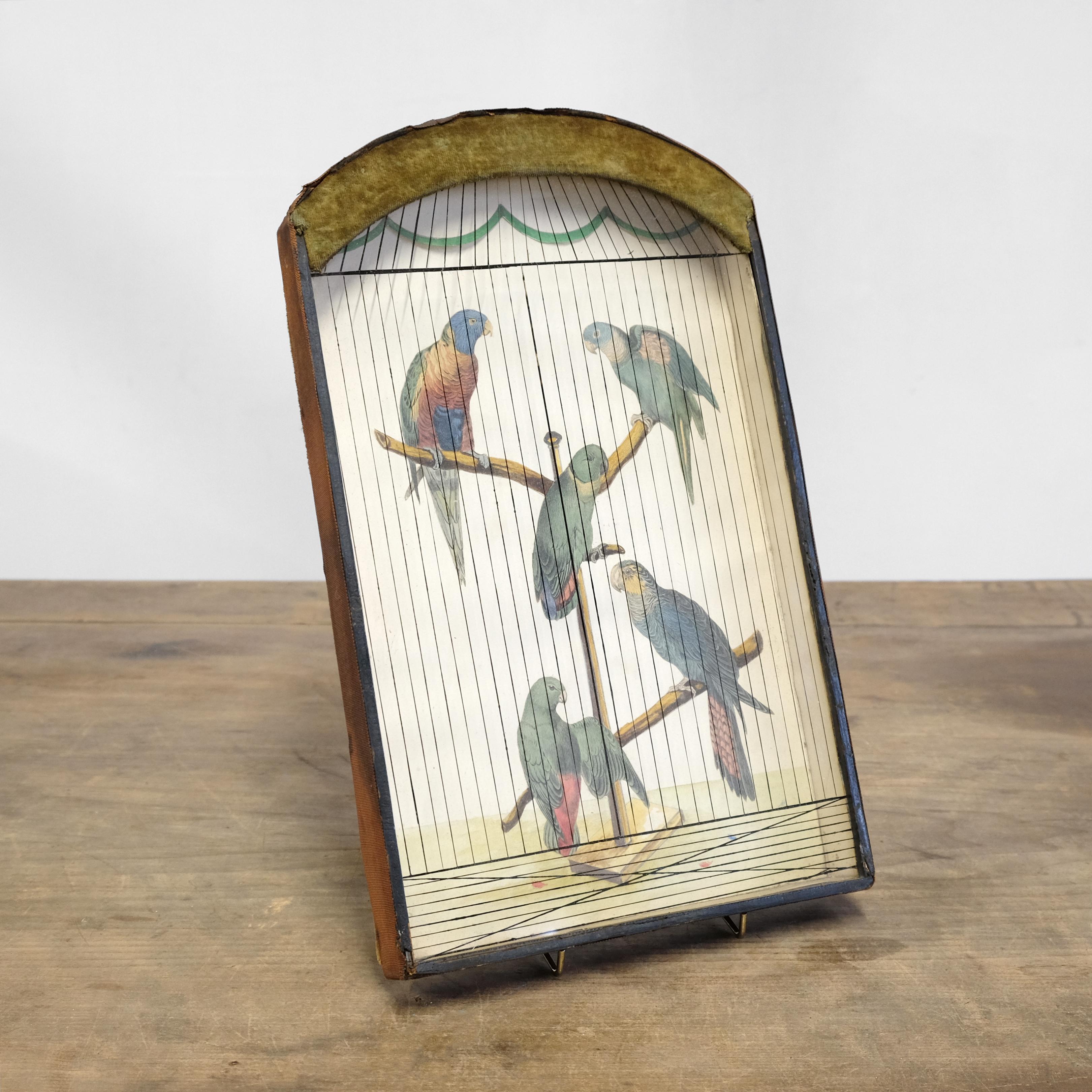 A mid 19th century trompe l’oeil parrot cage in completely original condition. The hand-coloured parrots on a naturalistic perch within a glass and penwork ‘cage’ with green swags above. The outer edge of the cage has its original fabric ribbon